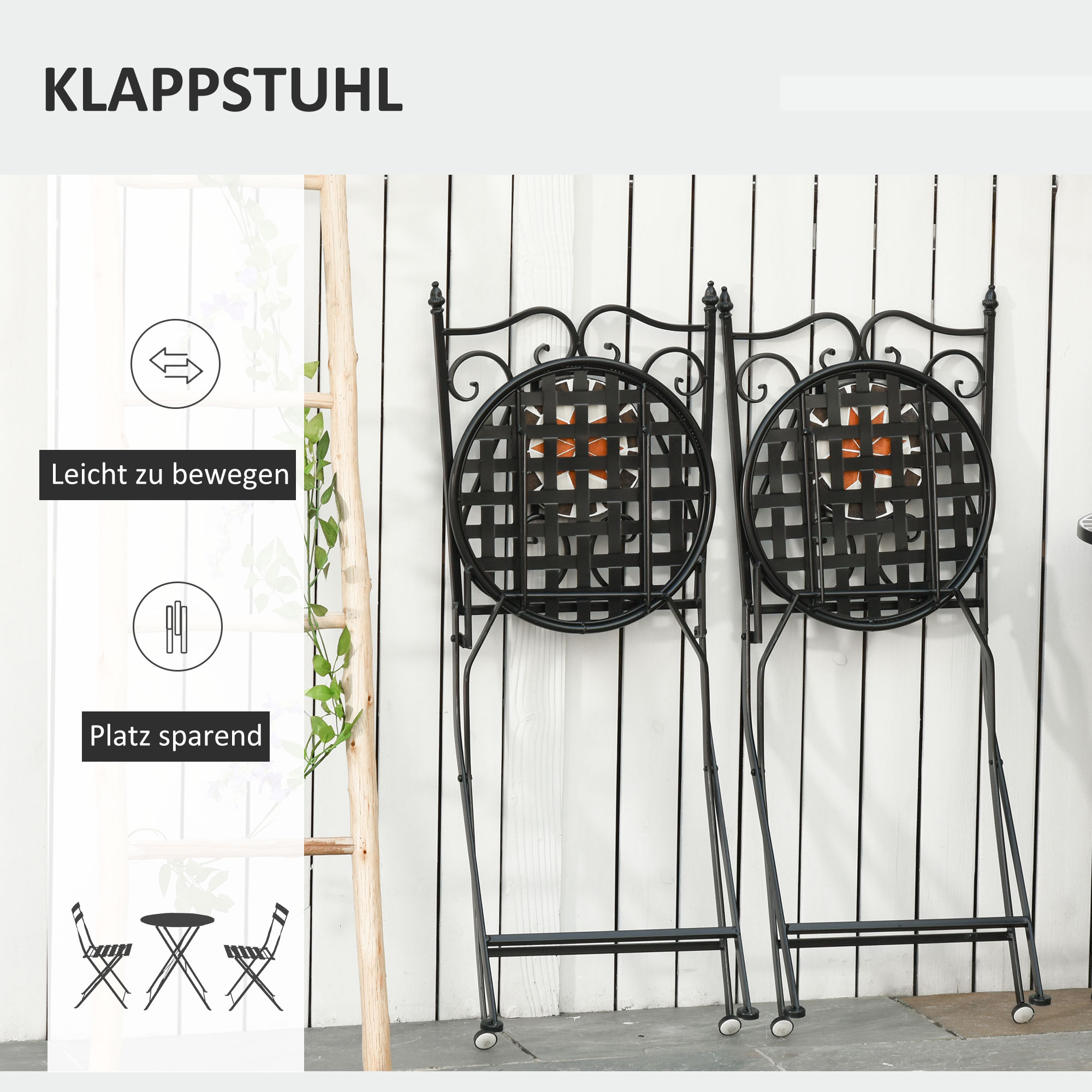 Gartenset Balkonmöbel Set für 2 Personen Mosaiktisch 2 faltbare Stühle Metall Mehrfarbig