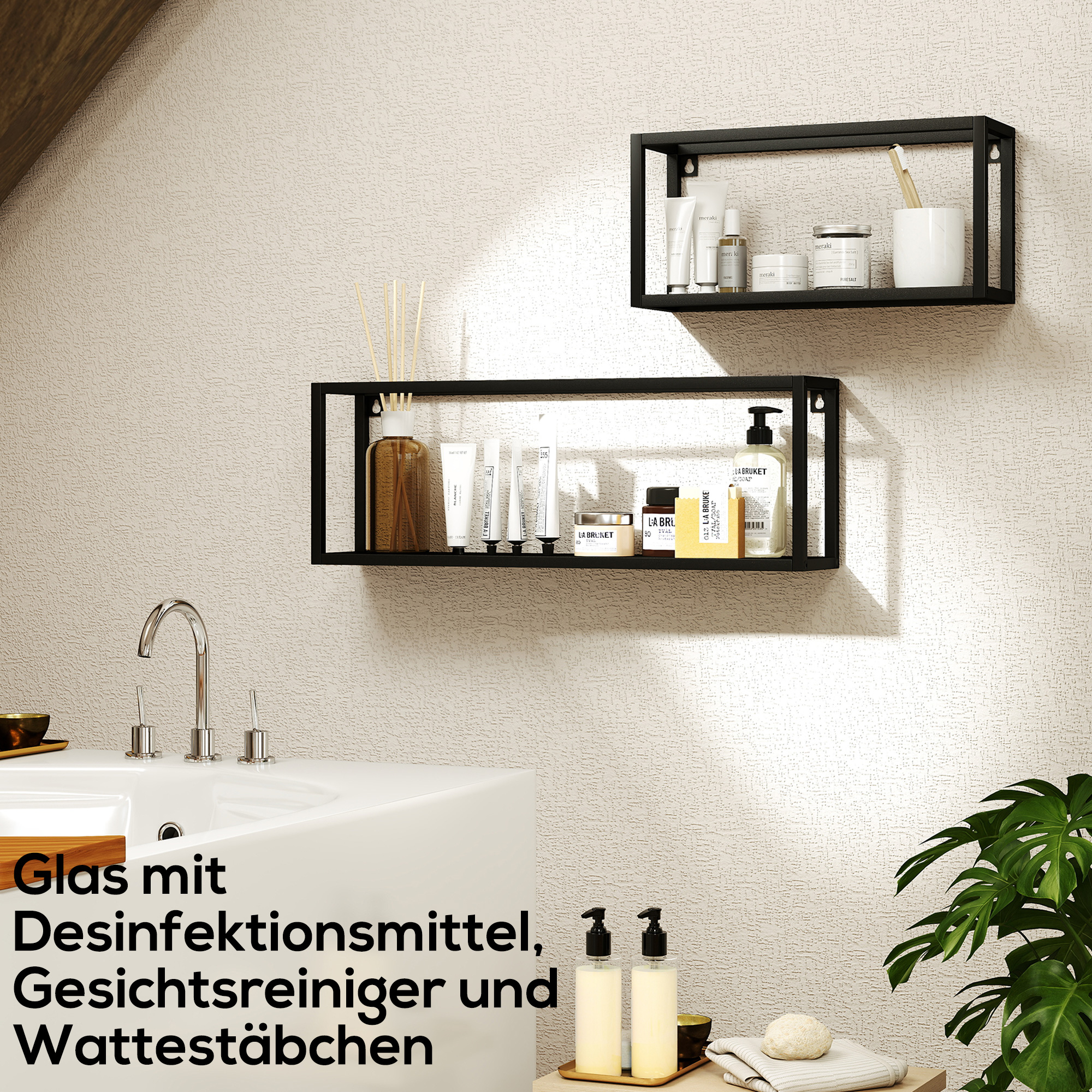2er-Set Wandregale, 15 kg Tragkraft, für Wandmontage, Stahl, Schwarz