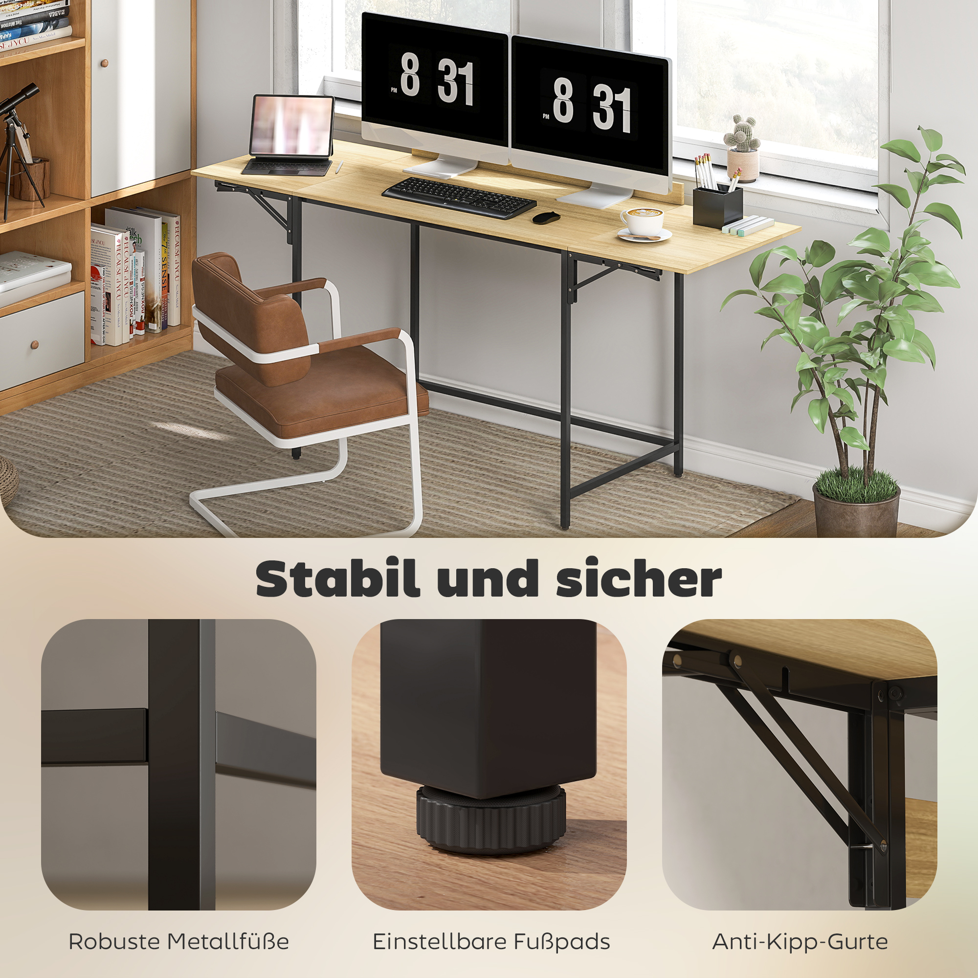 Klappbarer Computertisch mit 2 Ausziehplatten, viel Platz für Monitore, Metallbeine, robuste Konstruktion, Eiche+Schwarz