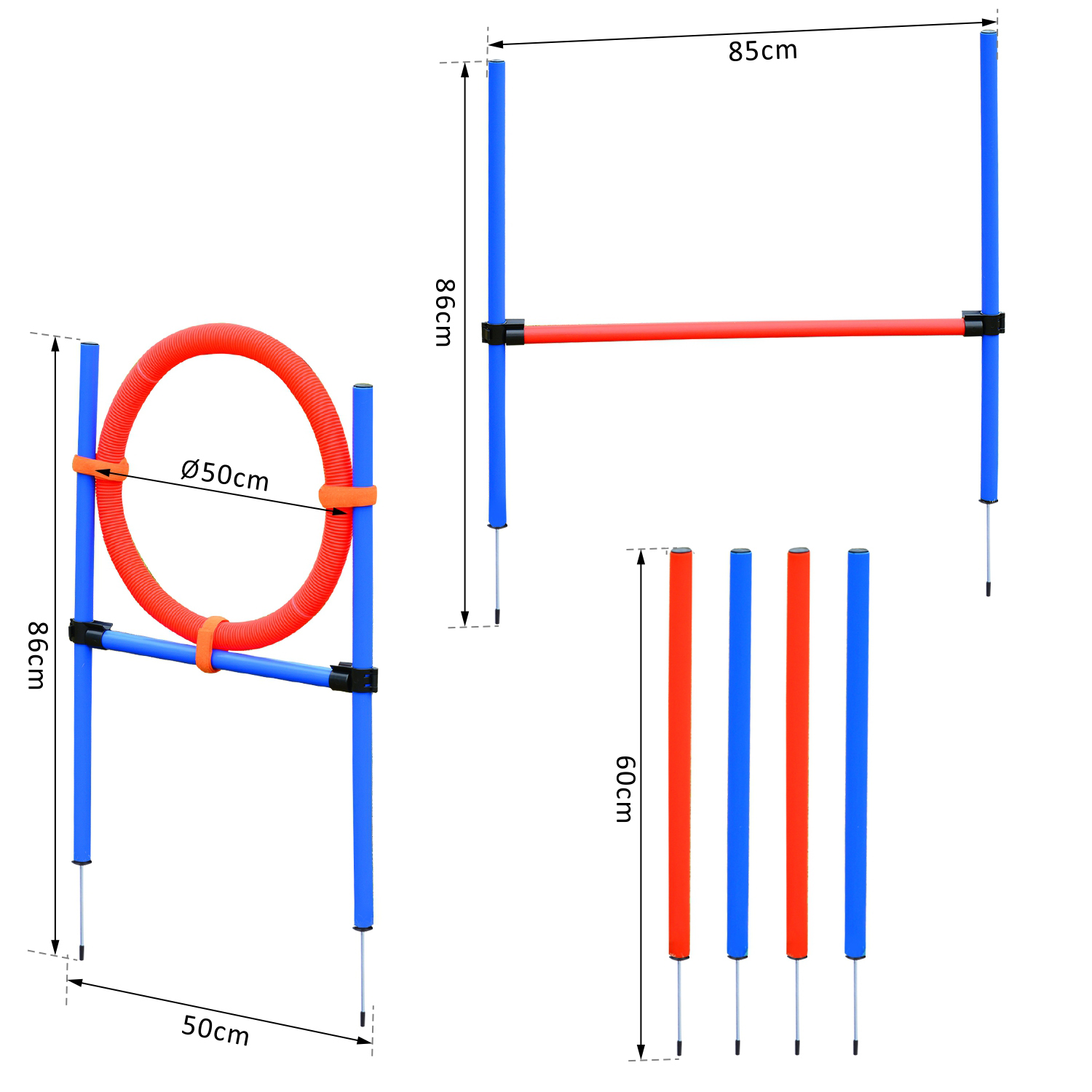 Agility Set Hunde, 3-teiliges Agility Ausrüstung mit Hürden, Slalomstangen, Springring, Aufbewahrungstasche, Steckhürdenset für Hundetraining, Trainingsset für Hunde Blau+Rot