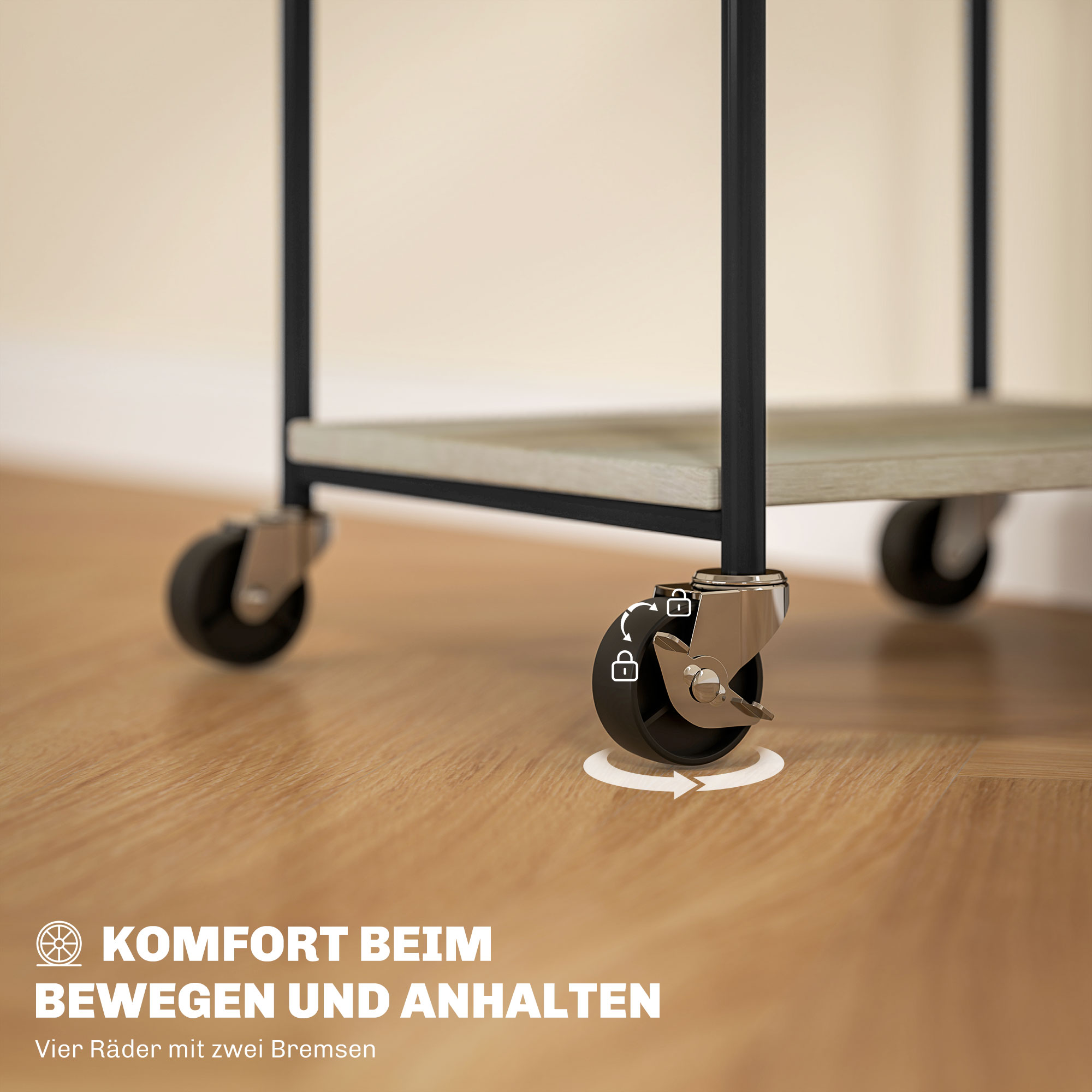 Druckerständer mit 3 Ebenen, höhenverstellbar, Mobiler Druckertisch auf Rollen, für Homeoffice, Metall und Holz