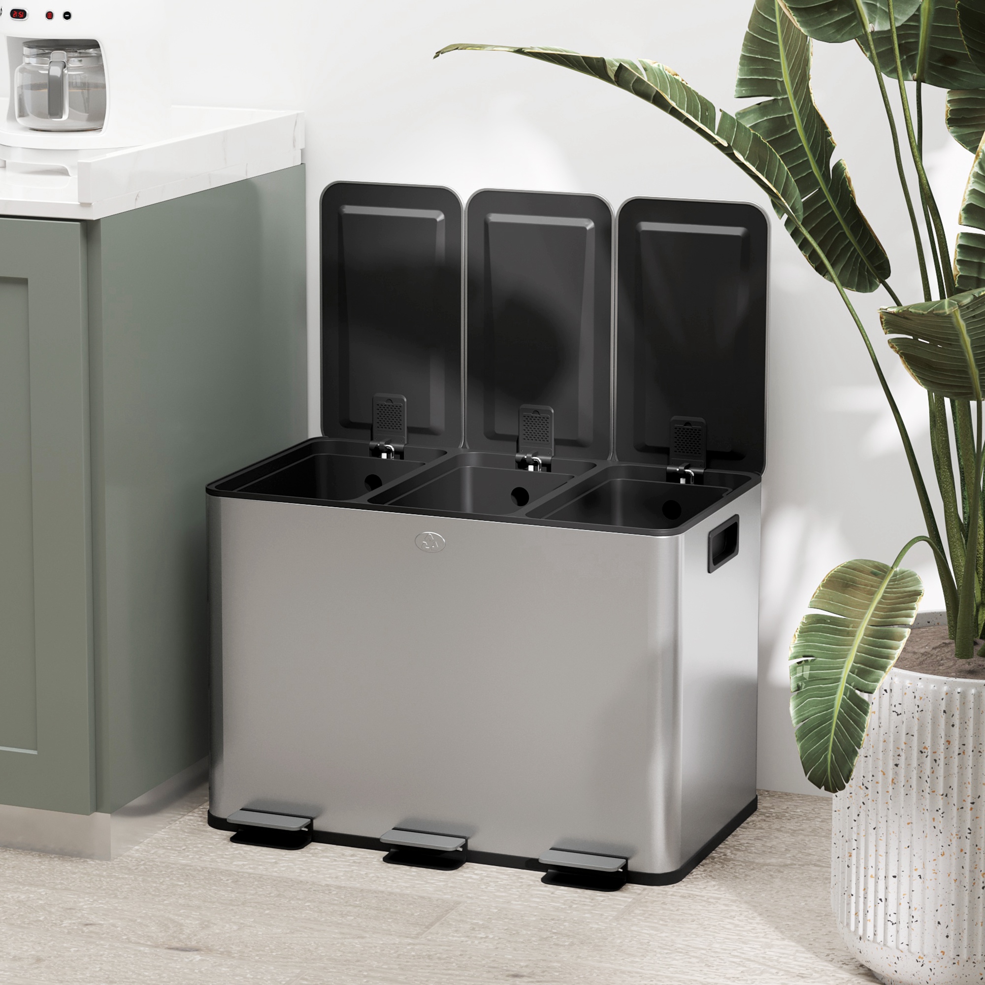 Mülleimer mit 3 x 10 L Fächern, Deodorant-Deckel, fingerabdrucksicher, Soft-Close, herausnehmbar, Silber