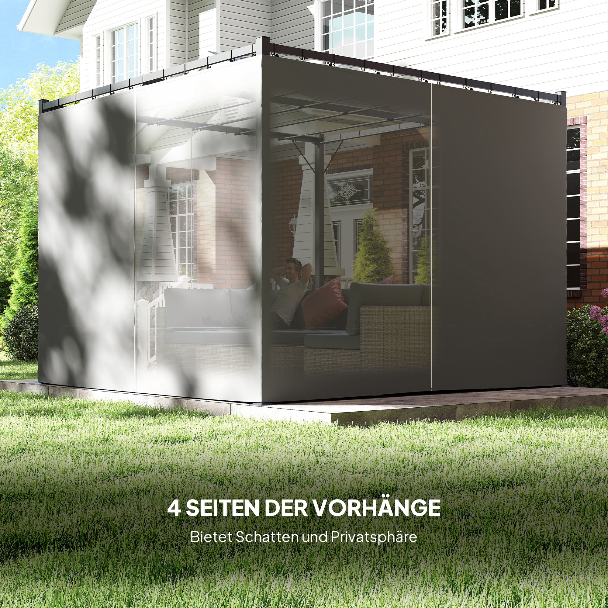 Pergola 3 x 3 m Freistehend Terrassenüberdachung mit Schiebedach, 4 Seitenwände UV-beständig Hellgrau