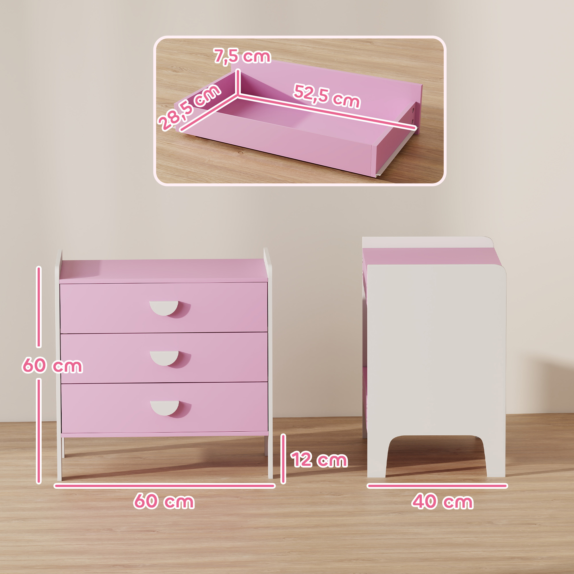 Kinder-Kommode mit 3 Schubladen, MDF, Aufbewahrungsschrank für Kinder, Rosa+Weiß