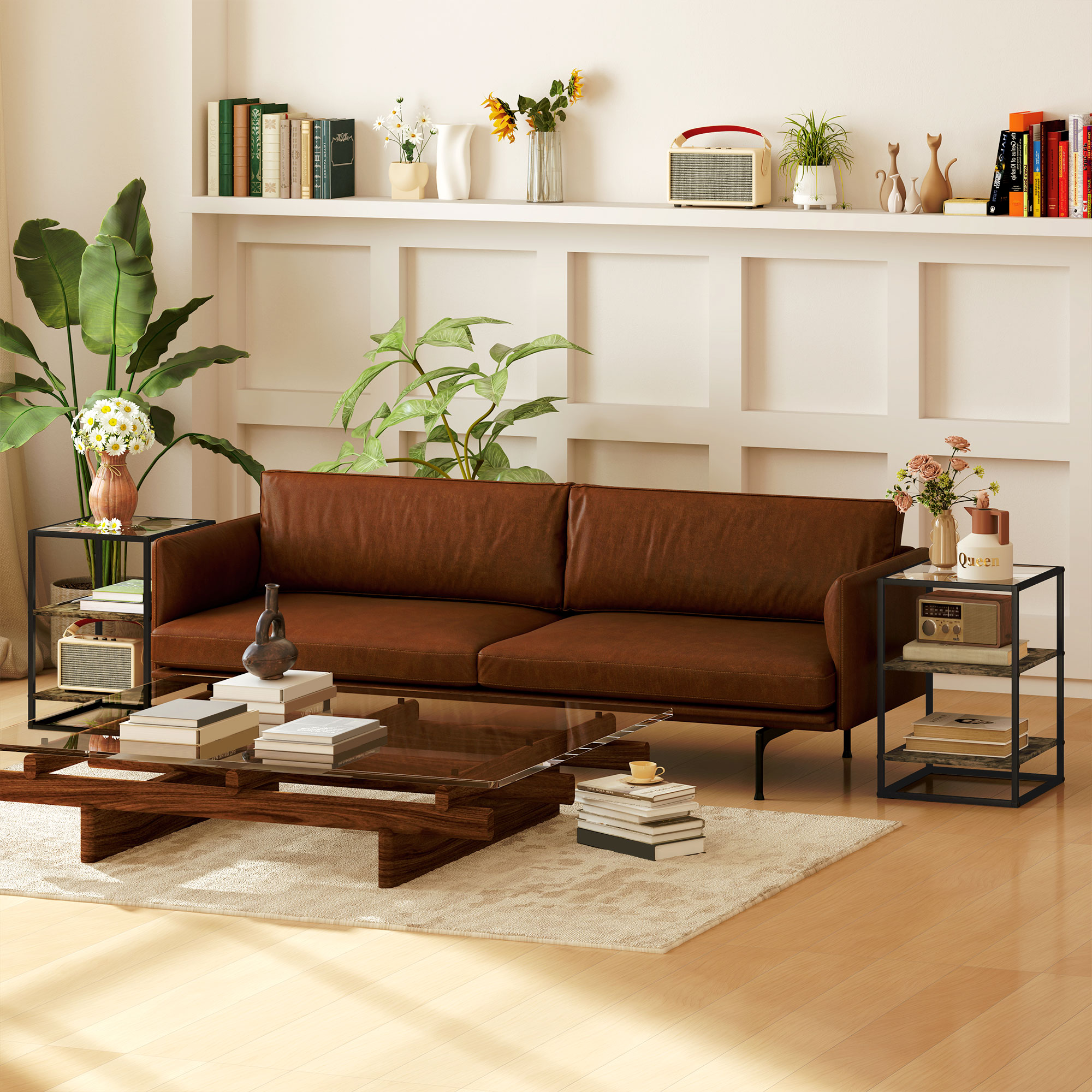 2er-Set Beistelltische mit Glasplatte, 3-stufiges Design, Metallrahmen, für Wohnzimmer, Schlafzimmer, Braun