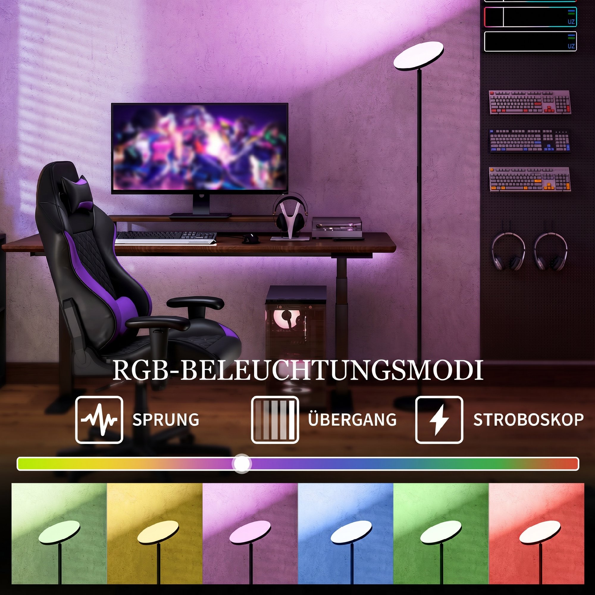 RGB Uplighter Stehlampe, dimmbare Lampe mit Fernbedienung & Touch-Steuerung, 350° drehbarer Kopf, Schwarz