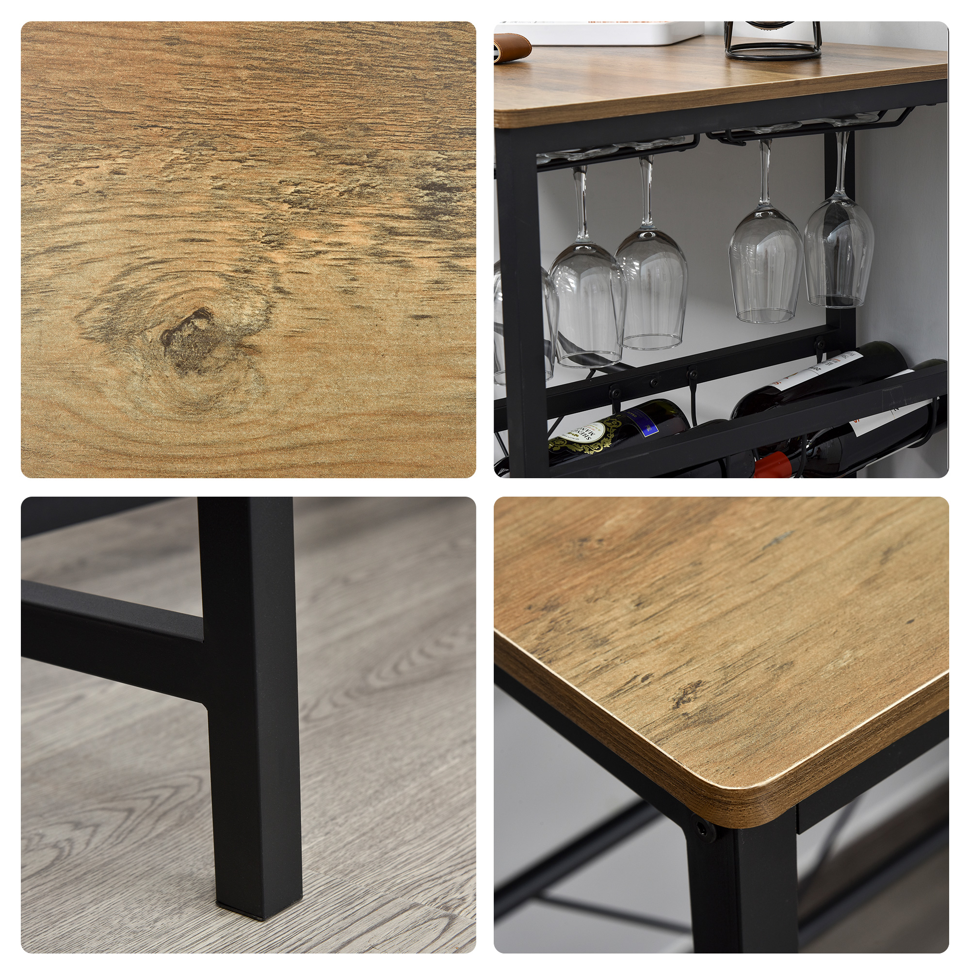 Bartisch-Set, Stehtisch mit 2 Barhockern, 3-teiliges Tischset Küchentresen mit Flaschenhalterung Spanplatte, Stahl, Natur+Schwarz, 108 x 60x 95H cm