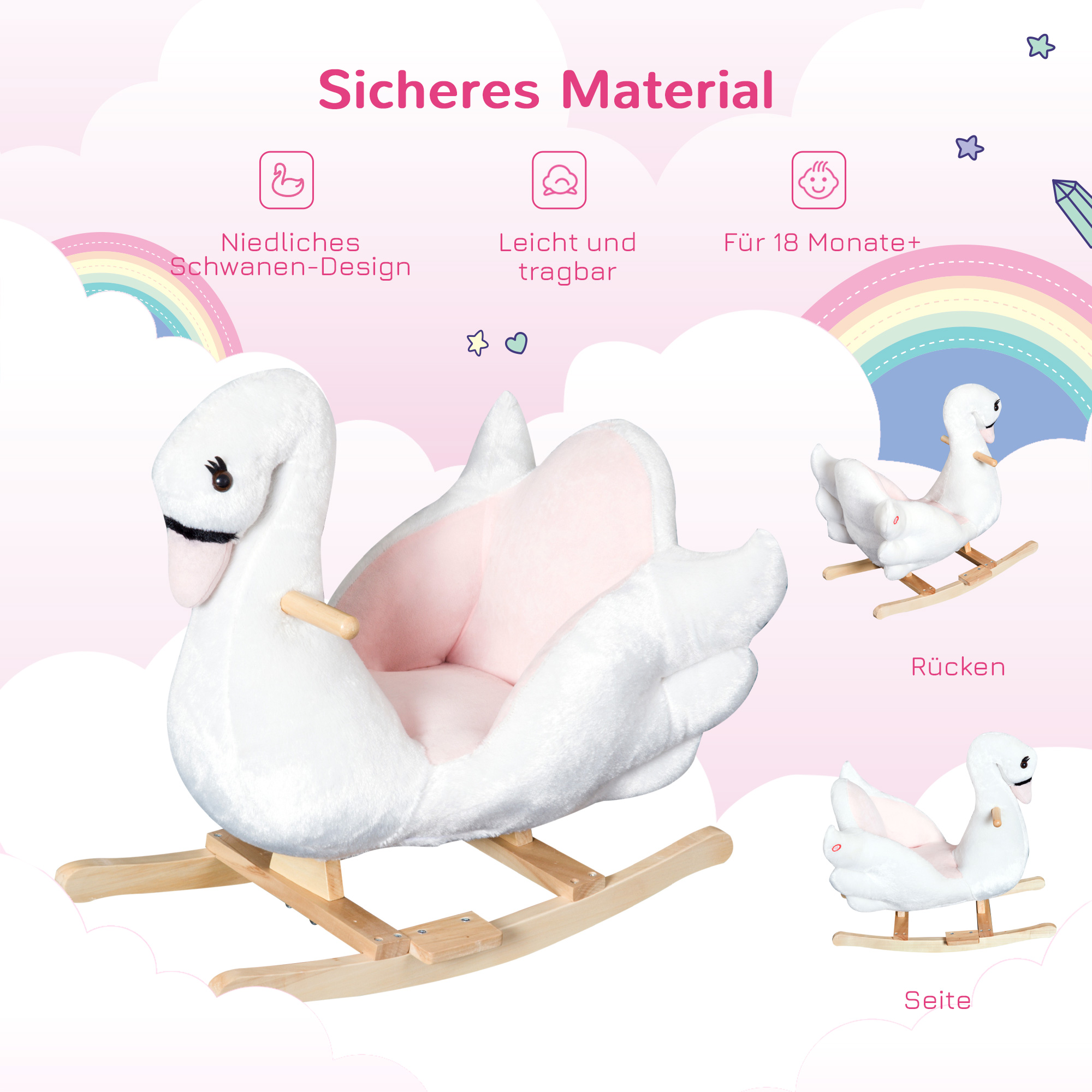 Schaukeltier Schaukelpferd mit Sicherheitsgurt Musik, 55 cm Baby Schaukel aus weichem Plüsch Schaukelspielzeug Spielzeug Wippe für Baby Kinder Kleinkinder ab 18 Monate Holz