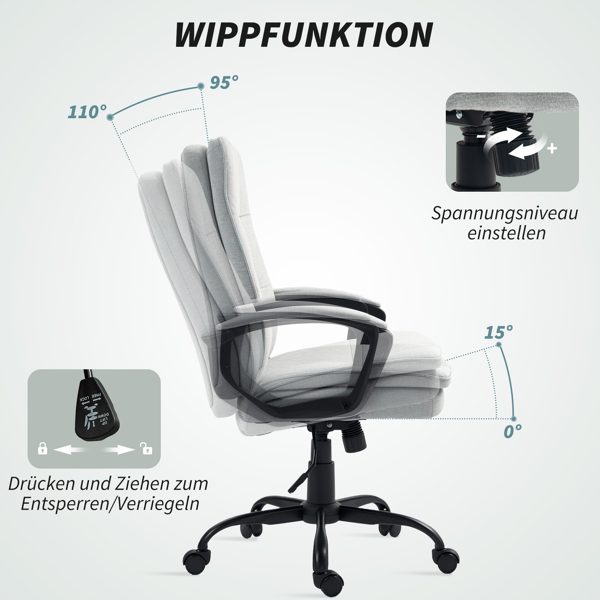 Bürostuhl, Schreibtischstuhl, Kippfunktion, höhenverstellbar, bis 120 kg, Grau
