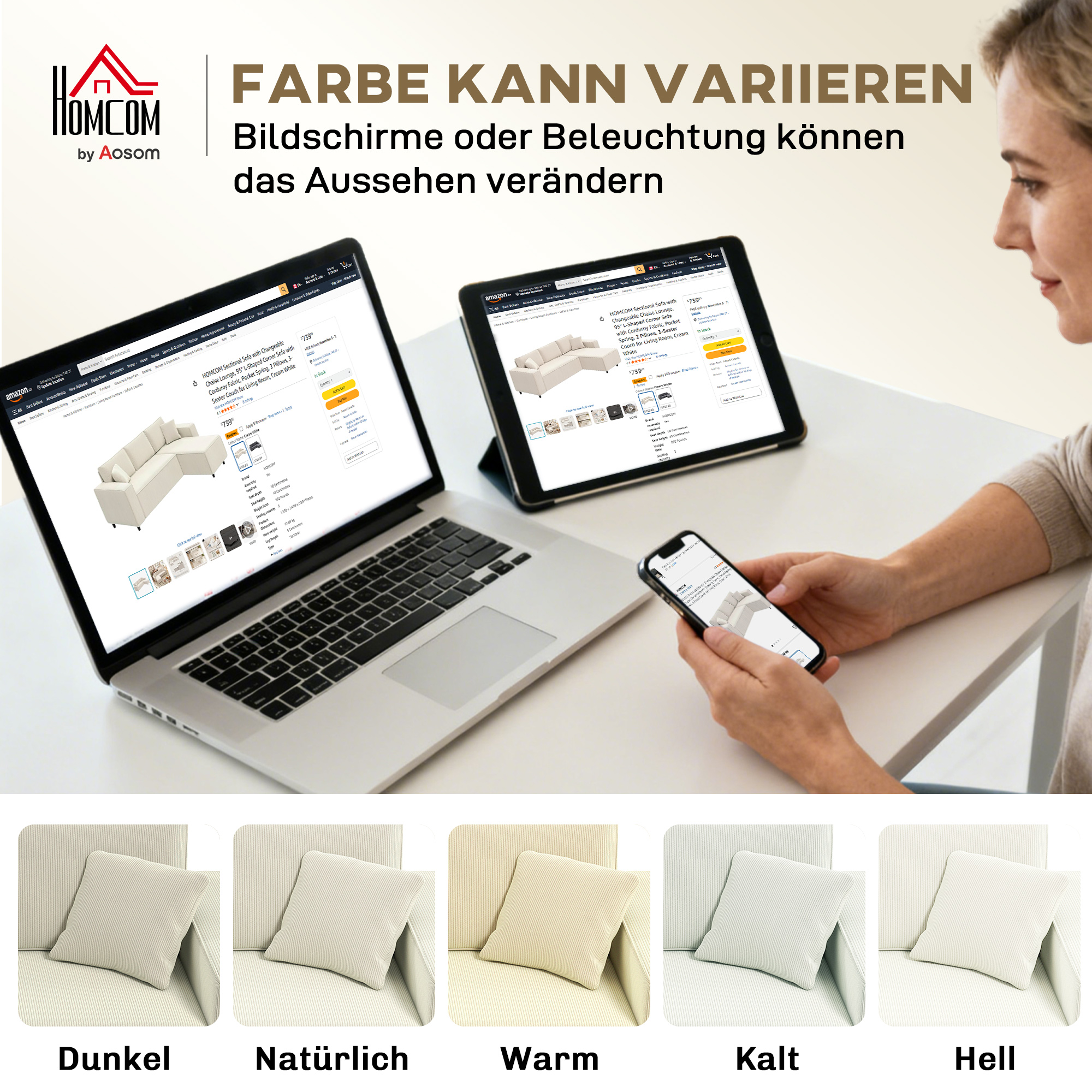 3-Sitzer-Sofa mit Chaiselongue, Wohnzimmercouch mit Cordbezug, 2 Extra-Kissen, Polstersofa, Cremeweiß