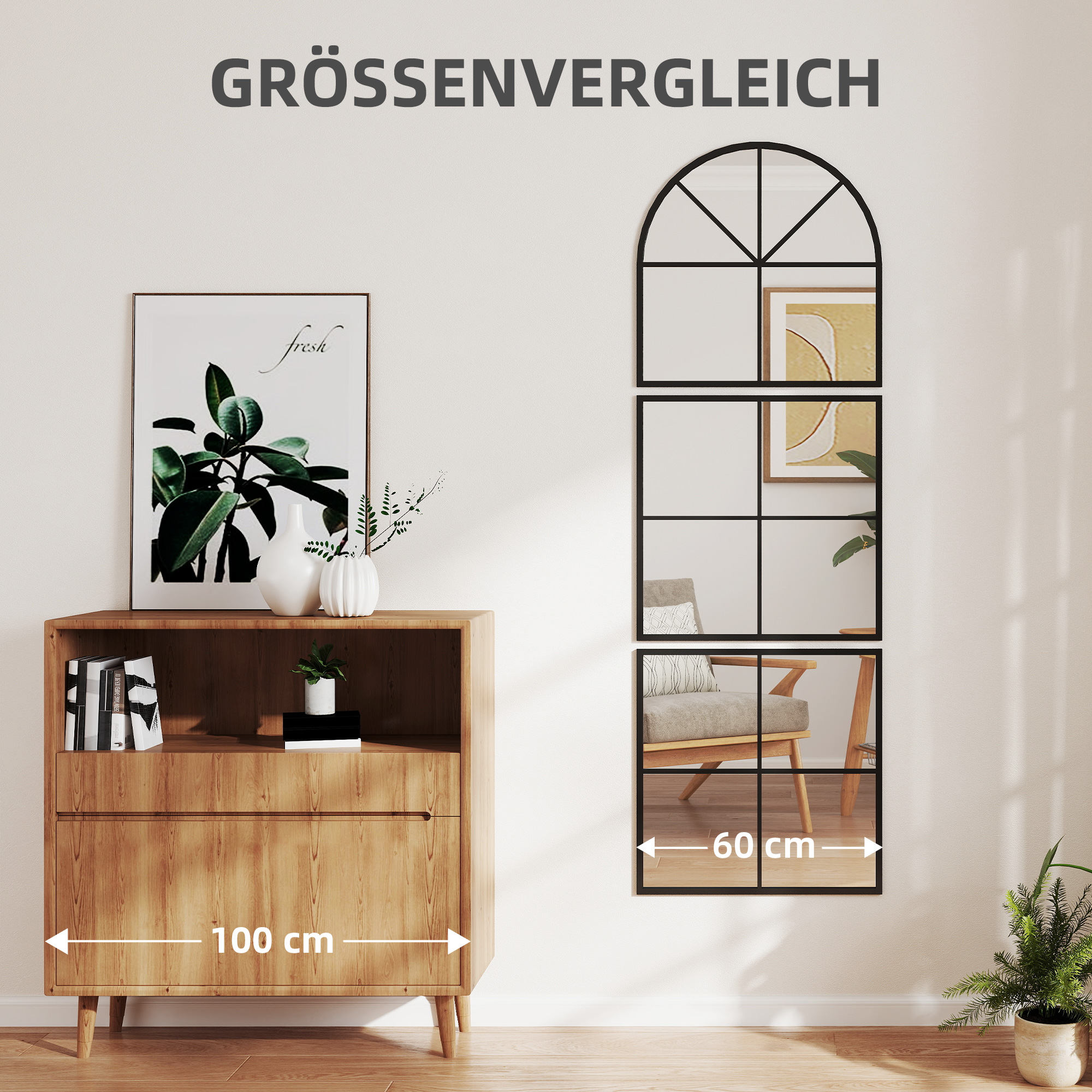 Wandspiegel dreiteilig, bogenförmiger Spiegel mit Metallrahmen, dekorativ 60 x 2 x 180 cm Schwarz