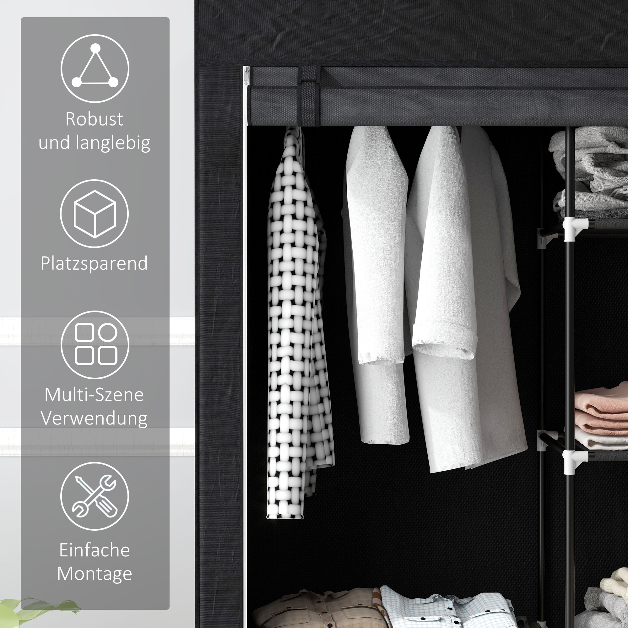 Schrank aus Stoff, Aufbewahrungslösung, 6 Regale, 1 Kleiderstange, Schwarz
