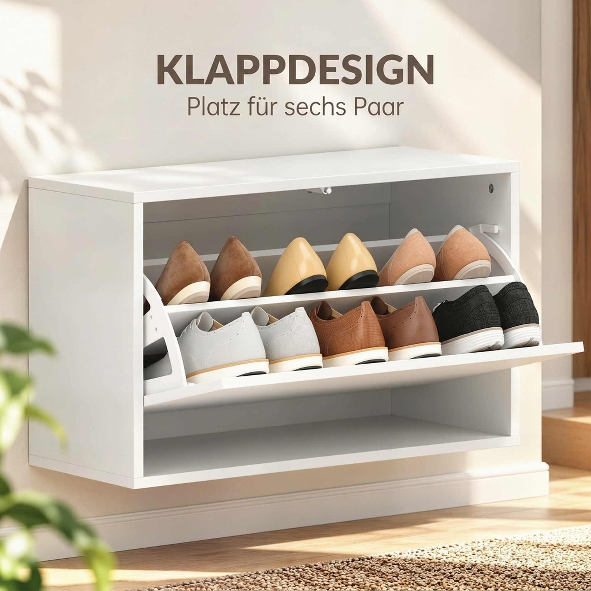 Schuhschrank mit 2 Klappen, Hängend Schuhkipper mit Ablage, Schmal Schuhregal für 6 Paar Schuhe 70 x 30 x 43 cm, Weiß