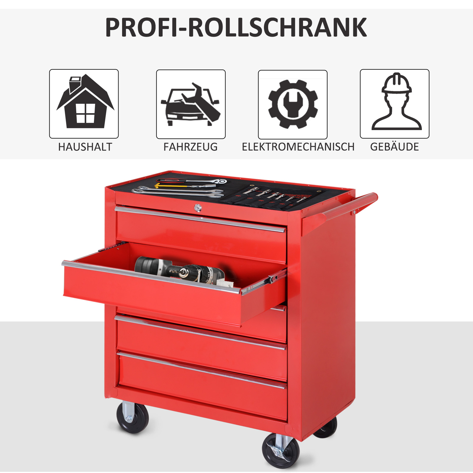 Rollschrank, Werkzeugschrank für Garage, Schuppen, Stahl, 69L x 33B x 75H cm, Rot