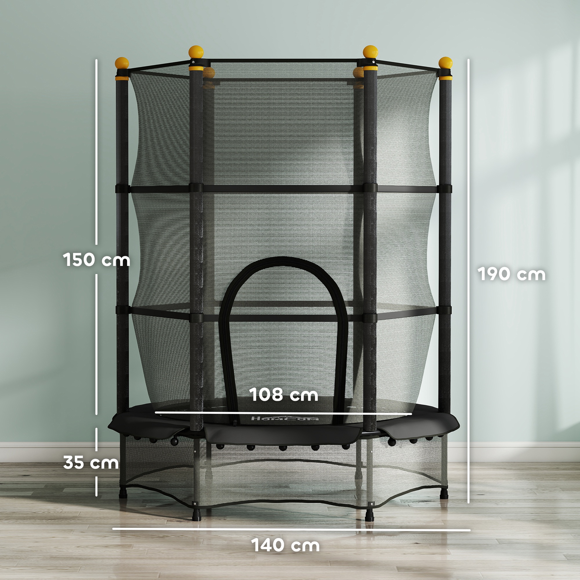 Trampolin für Kinder, Ø140 cm, mit Sicherheitsnetz, für innen und außen, Stahl, Kunststoff, belastbar bis 50 kg, Schwarz