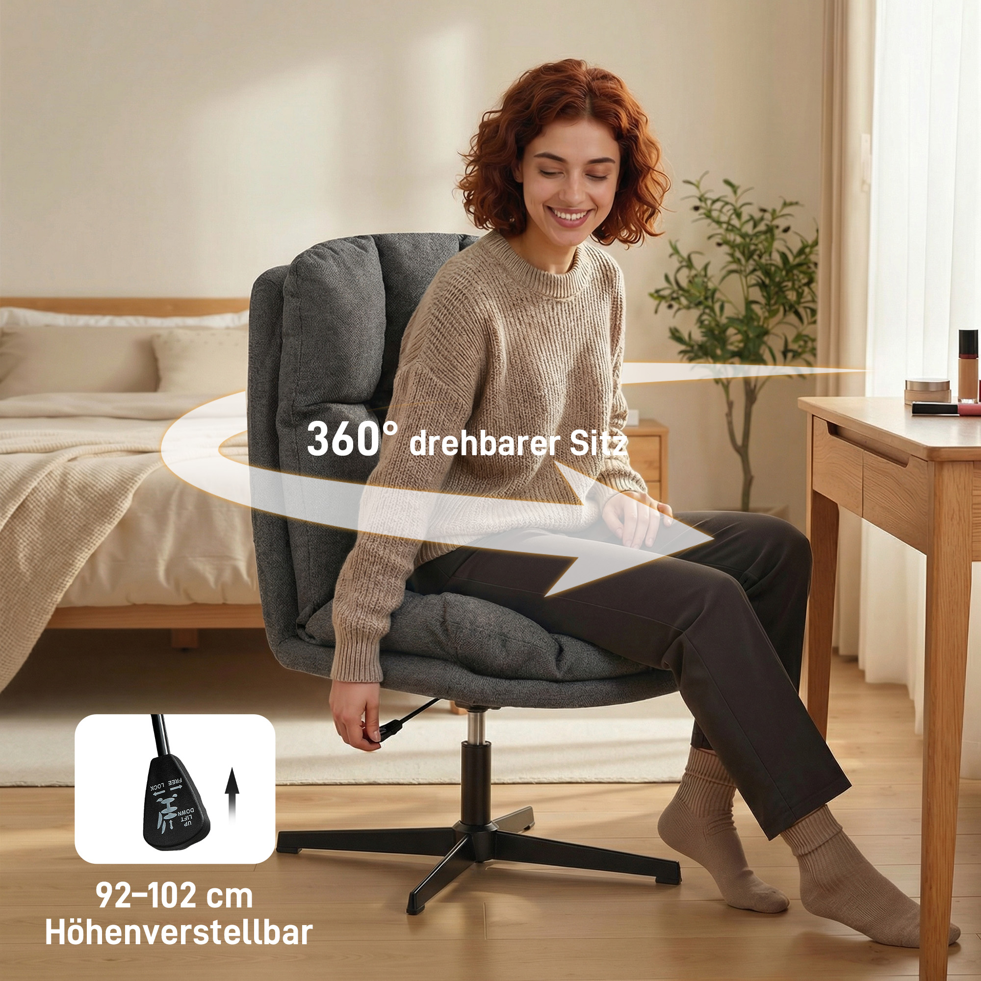 Drehbarer Akzentstuhl, Lesesessel aus Stoff in Leinenoptik ohne Armlehnen mit breitem Sitz und Metallbeinen, Dunkelgrau