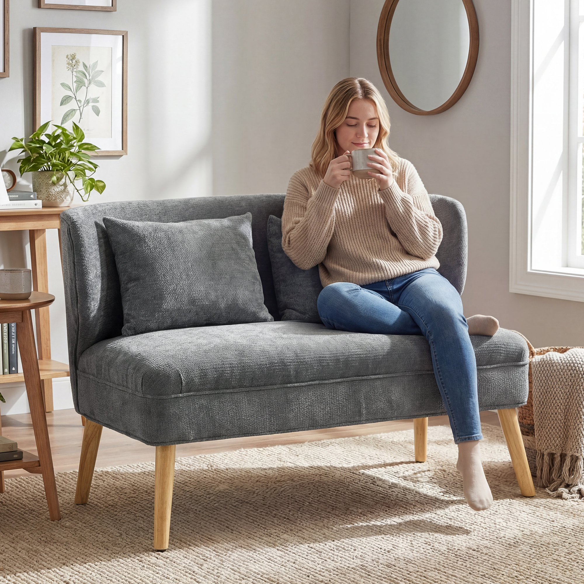 2-Sitzer-Sofa, kleines Chenille-Sofa mit Flügelrücken, dickem Sitz, Gummibaumholzfüßen, Grau