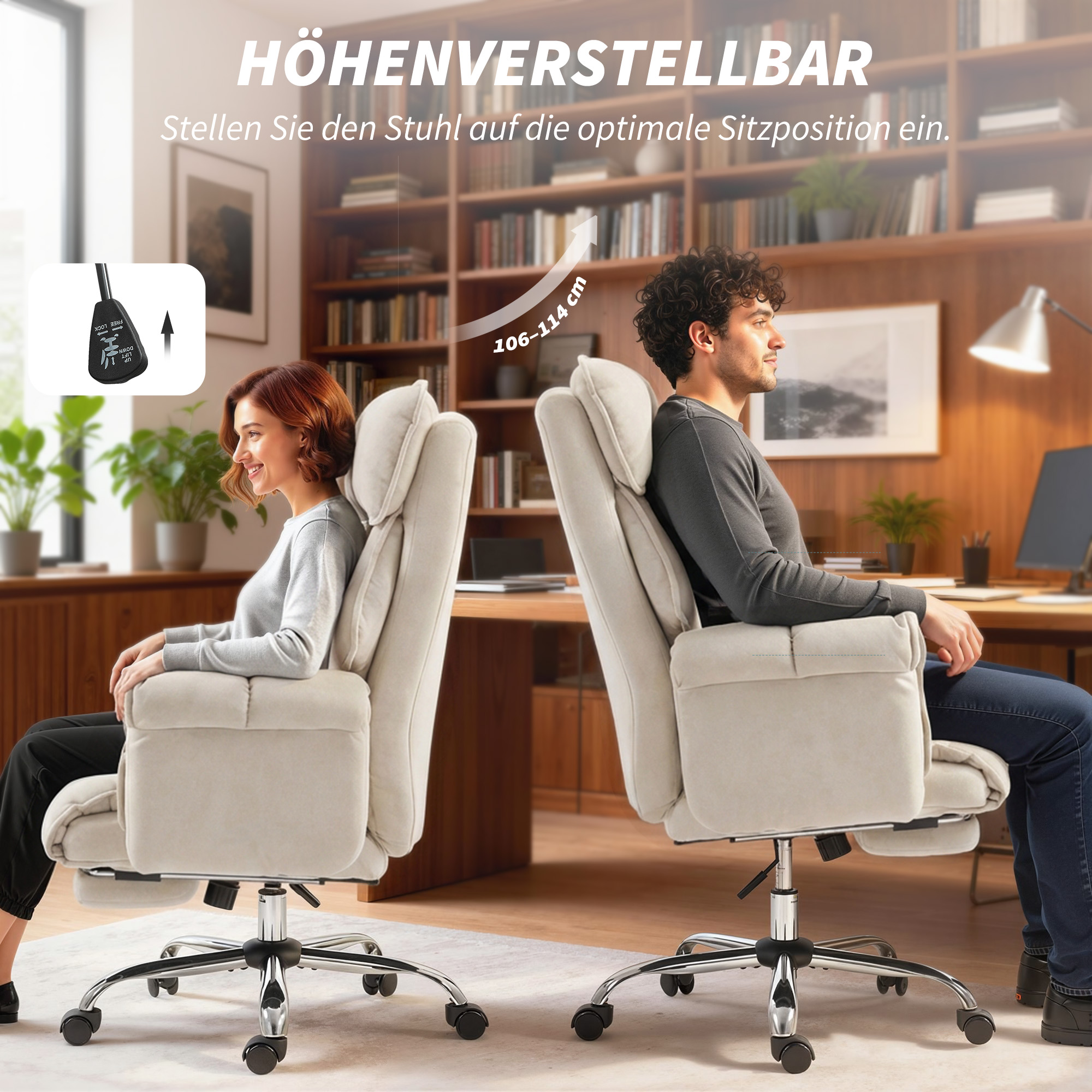 Bürostuhl Höhenverstellbarer Drehstuhl mit Lendenwirbelstütze, Fußstütze, Schneeflanell, 80 x 80 x 106-114 cm Cremeweiß