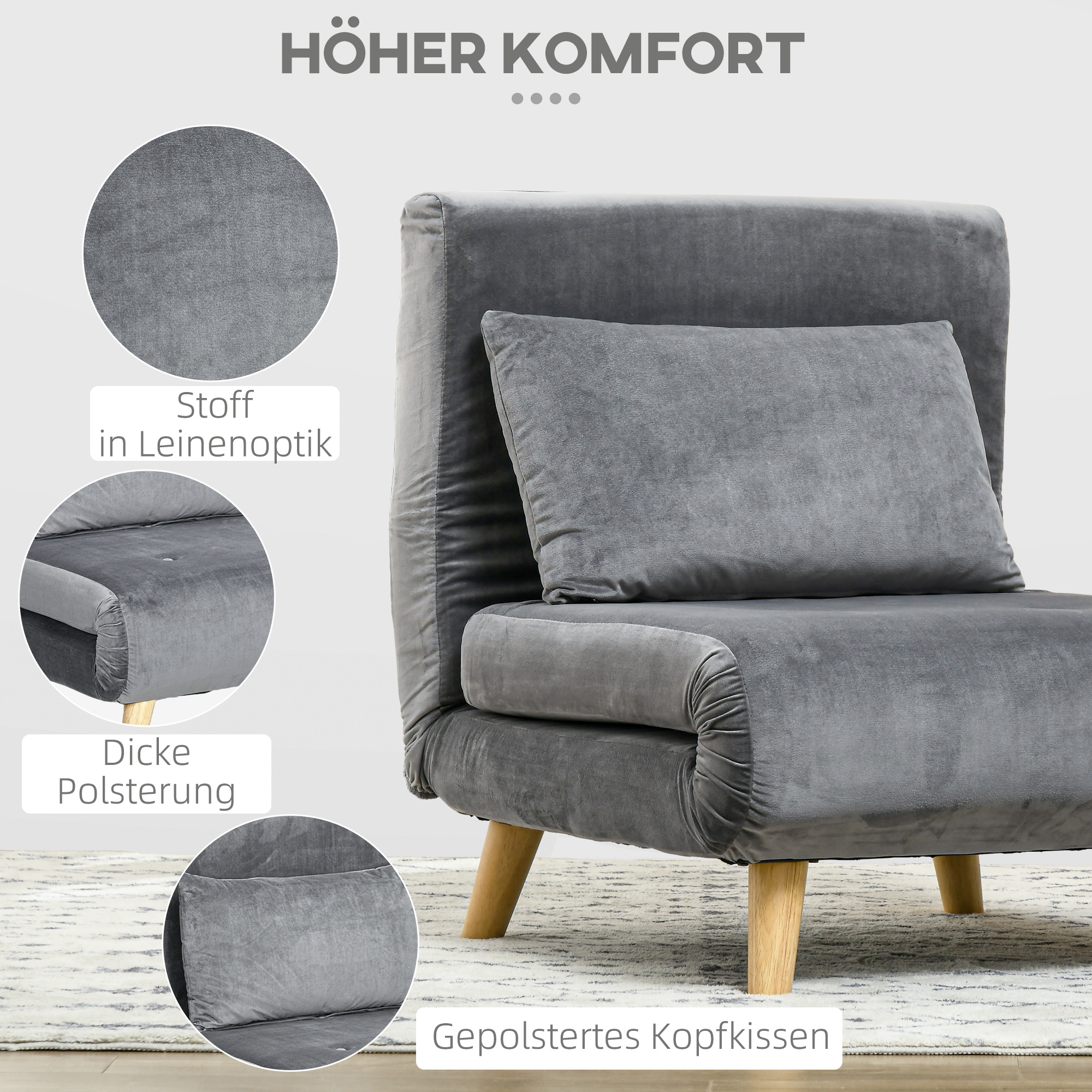 2-in-1 Sessel, Relaxsessel, Gästebett, bis 150 kg, 72 cm x 78 cm x 79 cm, Grau