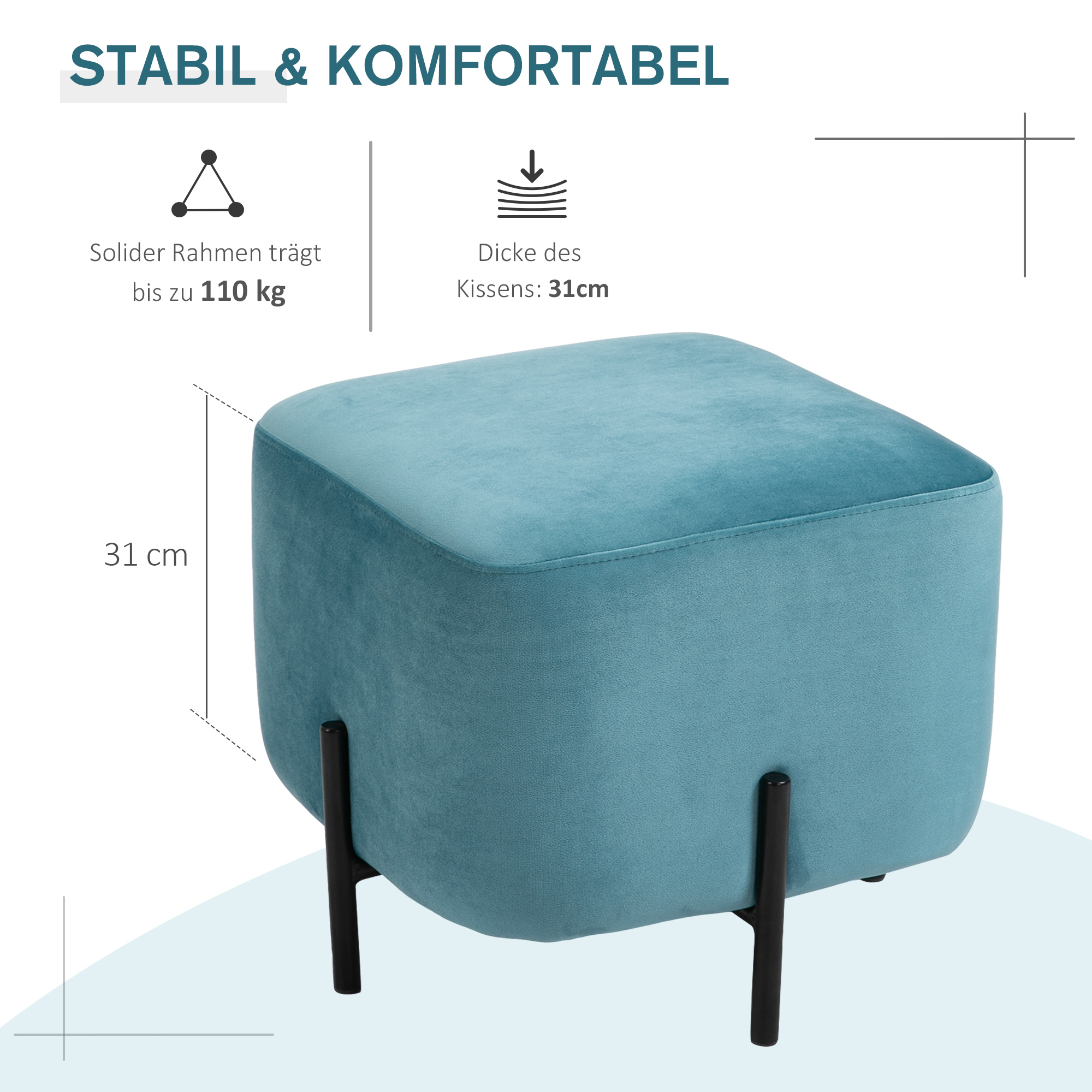 Fußhocker Fußstütze gepolstert Polyester Stahl Schaumstoff Türkis 44,5 x 44,5 x 41,5 cm
