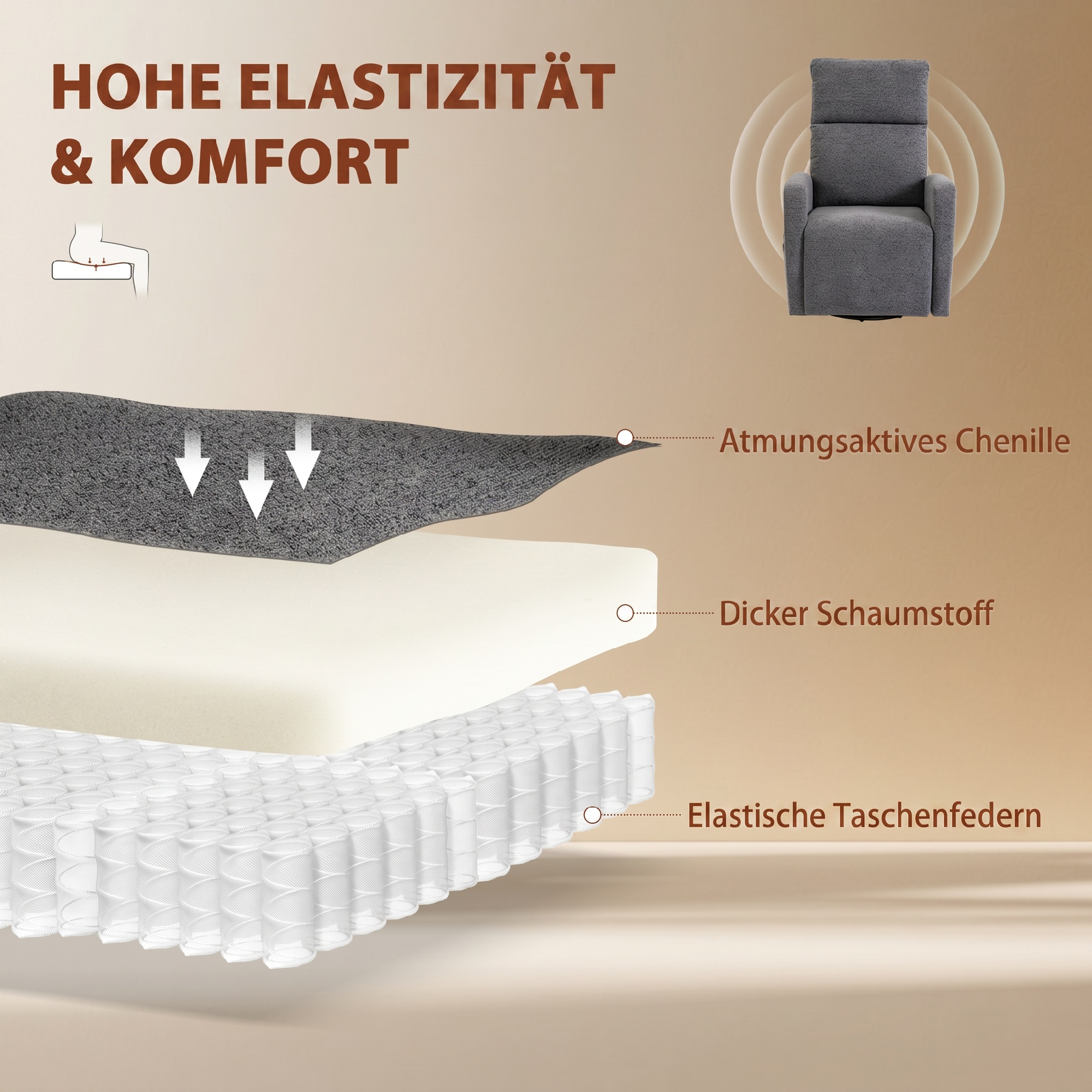 Relaxsessel drehbarer Fernsehsessel mit Wärme und Vibrationsmassage, Liegefunktion, Wippfunktion Dunkelgrau