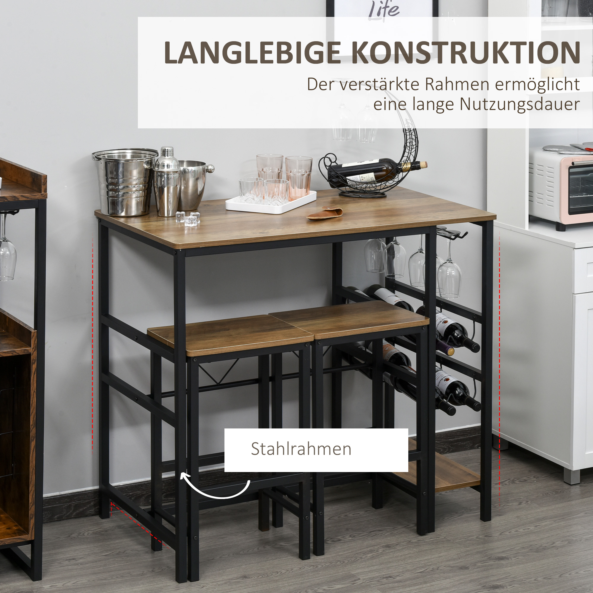 Bartisch-Set, Stehtisch mit 2 Barhockern, 3-teiliges Tischset Küchentresen mit Flaschenhalterung Spanplatte, Stahl, Natur+Schwarz, 108 x 60x 95H cm