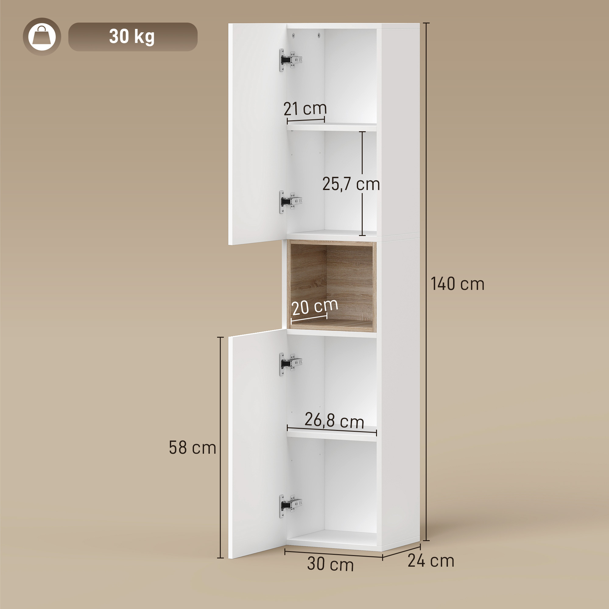 Badezimmerschrank, freistehend mit 2 Türen und offenem Regal, Weiß