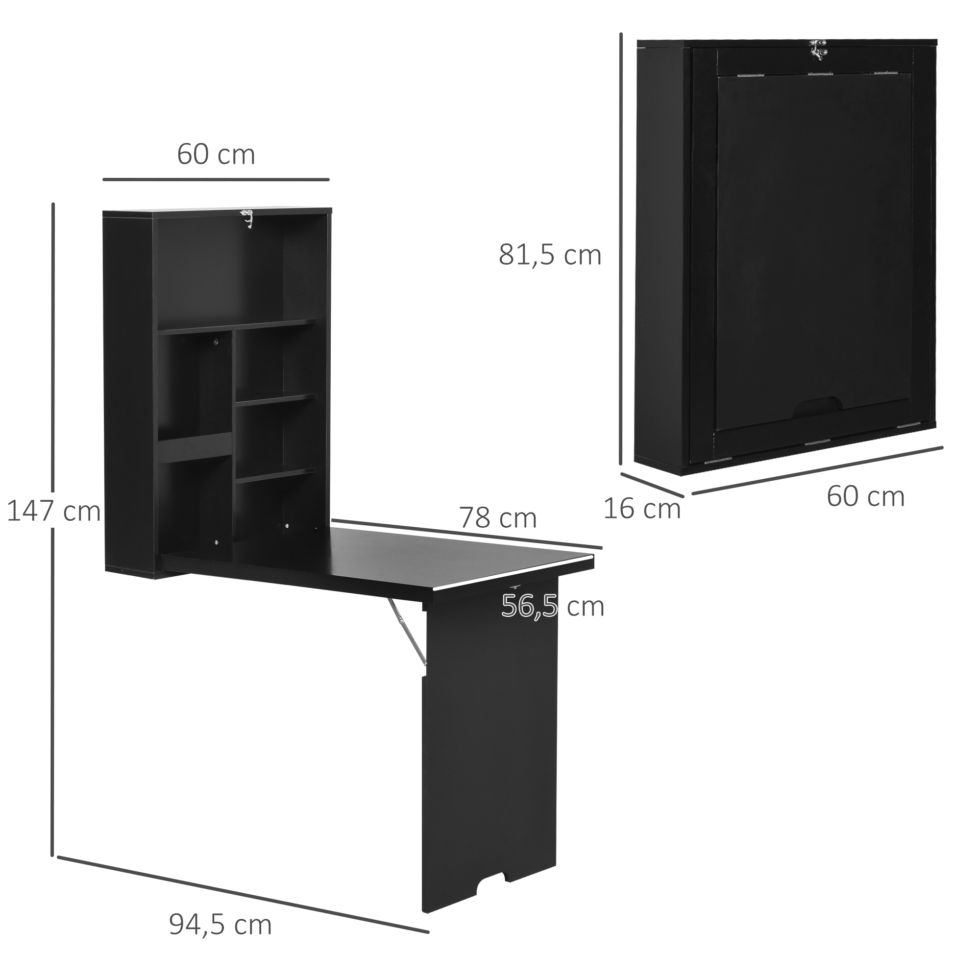 Wandklapptisch Wandschreibtisch, inkl. Schreibtafel, 60 cm x 94,5 cm x 147 cm, Schwarz