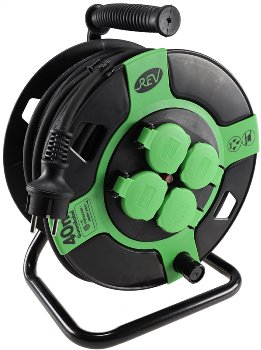Kunststoff-Kabeltrommel, 40m Kabel, IP44 / H05RR-F 3G1,5mm², schwarze Gummileitung