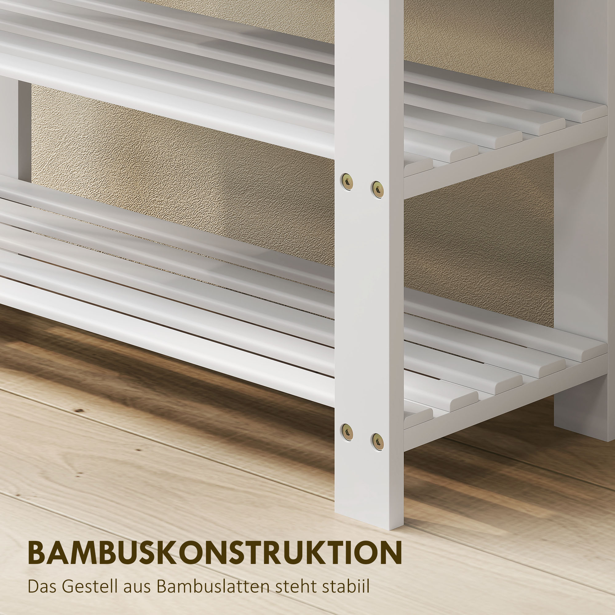 Schuhbank Bambus mit 2 Ablagen, Sitzbank mit Stauraum, für Flur, 70x28x45 cm, Weiß