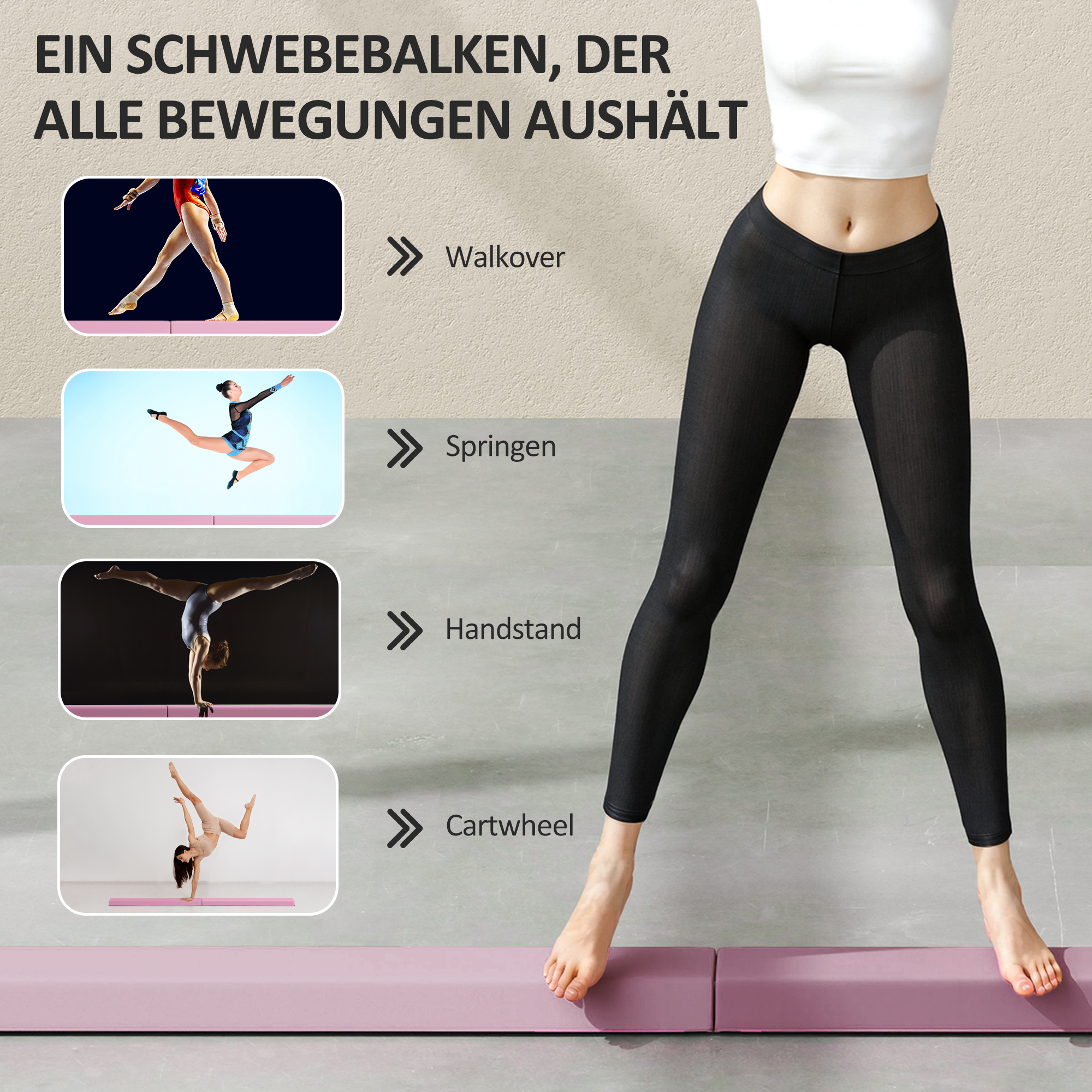 Schwebebalken 2,4 m, faltbar, rutschfester Boden, für 3+ Jahre, bis 80 kg, Rosa