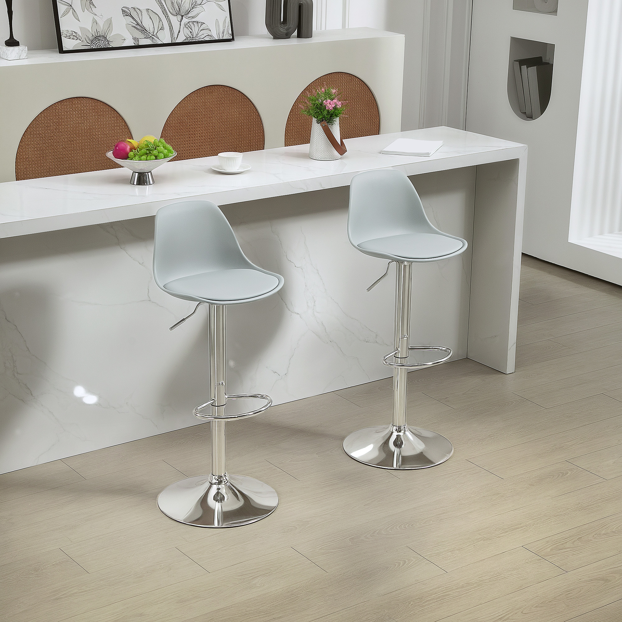 2er-Set Barhocker, Barstühle, Drehstühle mit Lehne, höhenverstellbar, bis 120 kg belastbar, 42 x 38 x 82-104 cm, Grau