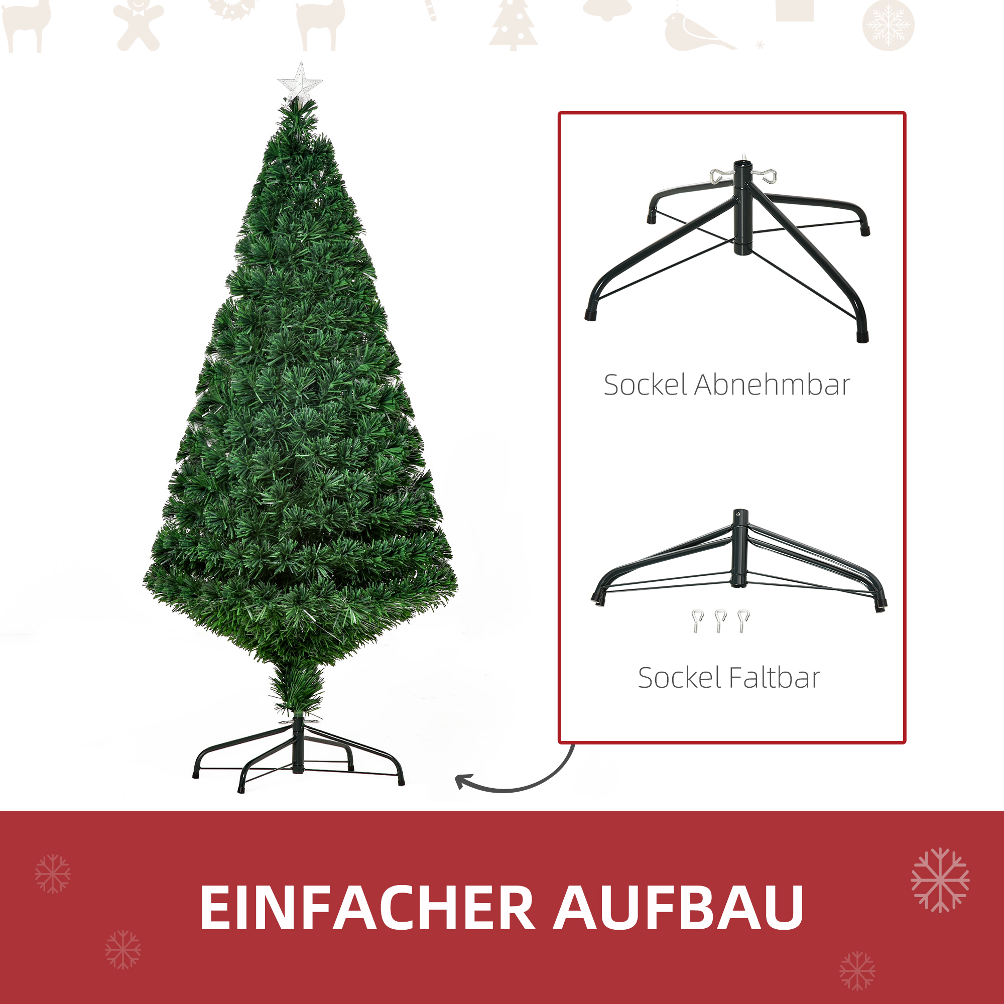Künstlicher Weihnachtsbaum 150 cm mit Glasfaser künstlich Tannenbaum mit LED Beleuchtung, 180 Spitzen Christbaum Weihnachtsdeko inkl. Metallständer für drinnen