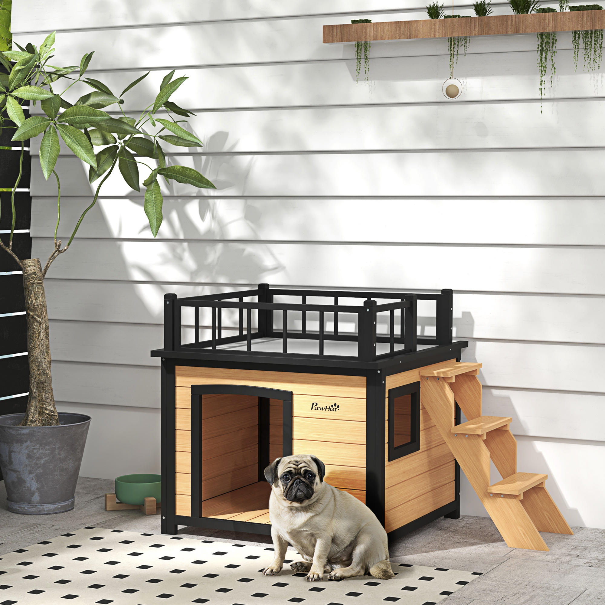 Hundehütte mit Dachterrasse, wetterfest, Holz, 121x77x78cm, Schwarz/Gelb