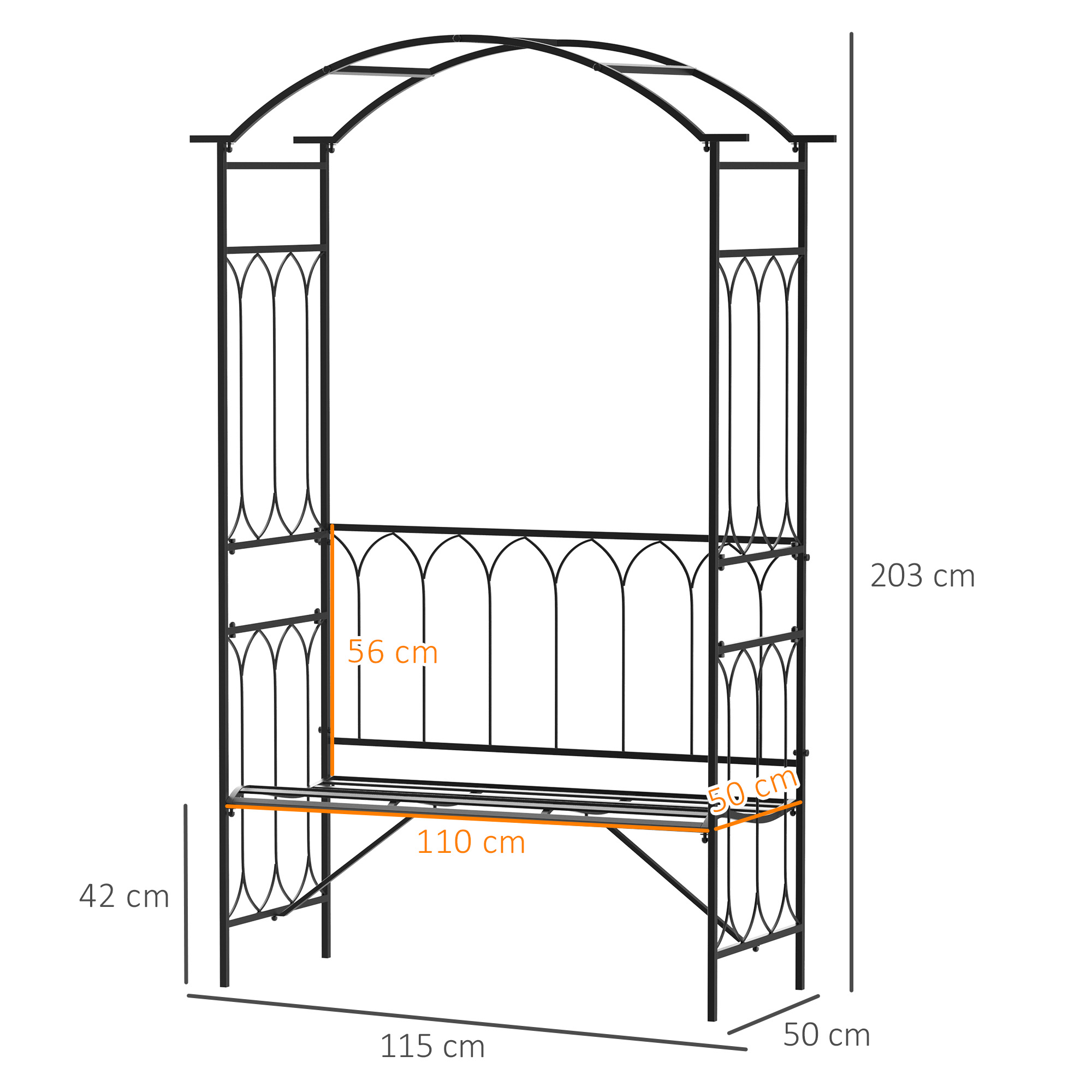 Rosenbogen mit Bank Rosenbank Laubenbank Philosophenbank Rankgitter Rankhilfe Gartenbank Metall Schwarz 115 x 50 x 203 cm