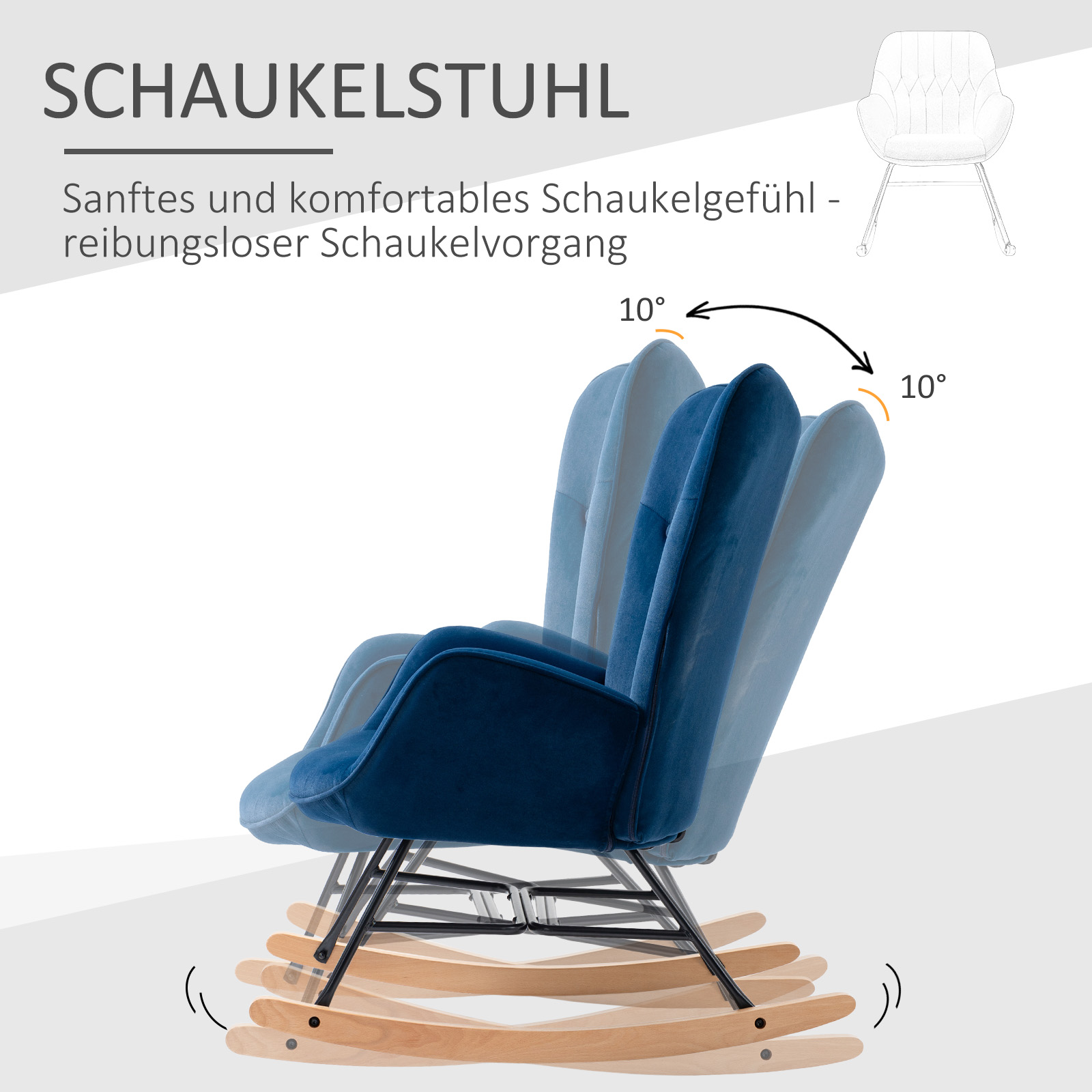 Schaukelstuhl mit Steppung, Holzkufen, Samtoptik, bis 150 kg, Blau