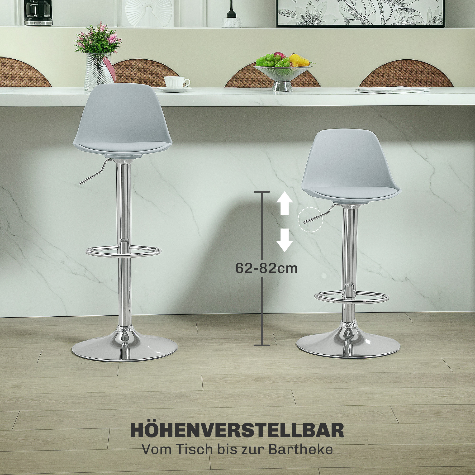 2er-Set Barhocker, Barstühle, Drehstühle mit Lehne, höhenverstellbar, bis 120 kg belastbar, 42 x 38 x 82-104 cm, Grau