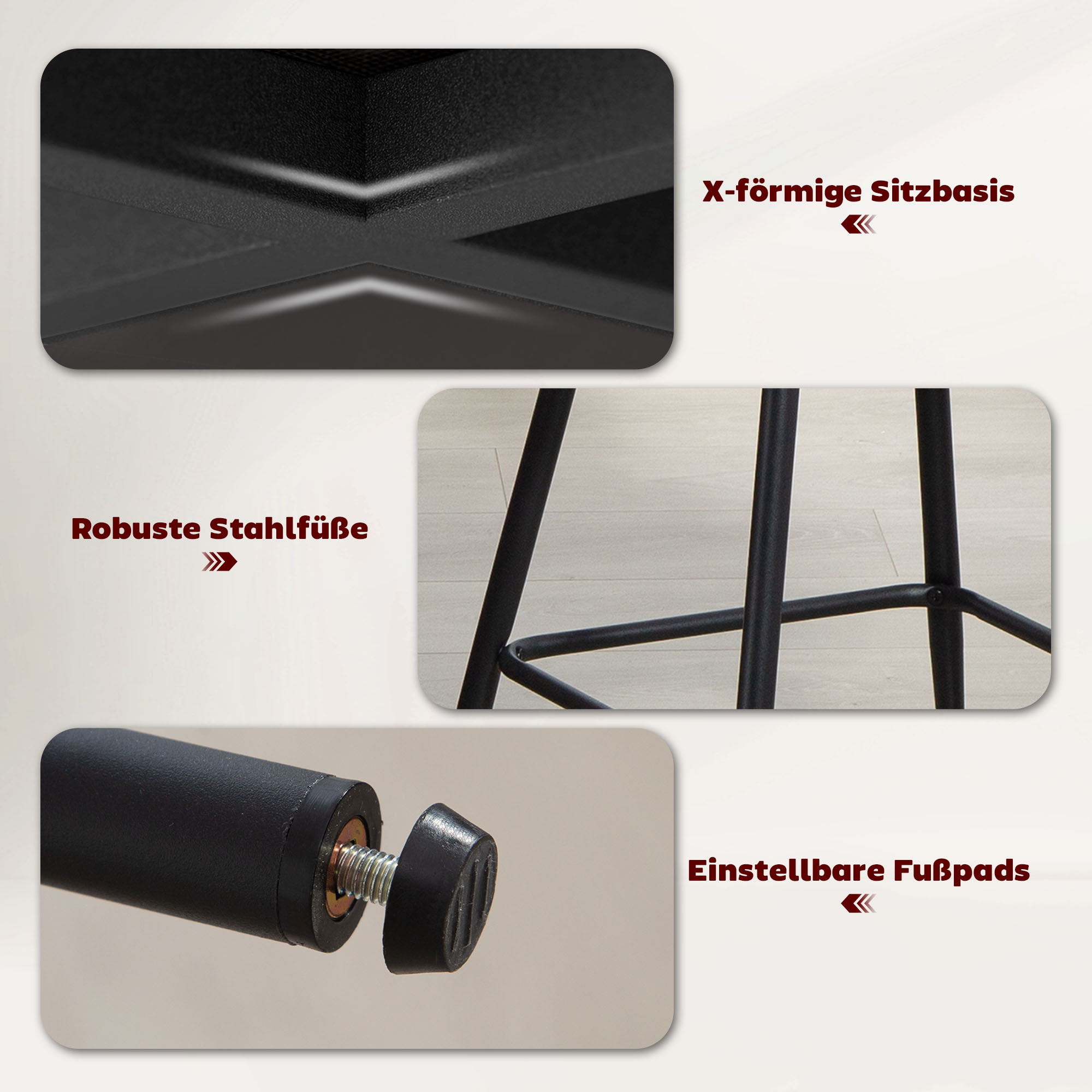 2er-Set Barhocker mit Rückenlehne und Fußstütze, Polsterstühle mit Stahlbeinen für Kücheninsel, Esszimmer, Beige