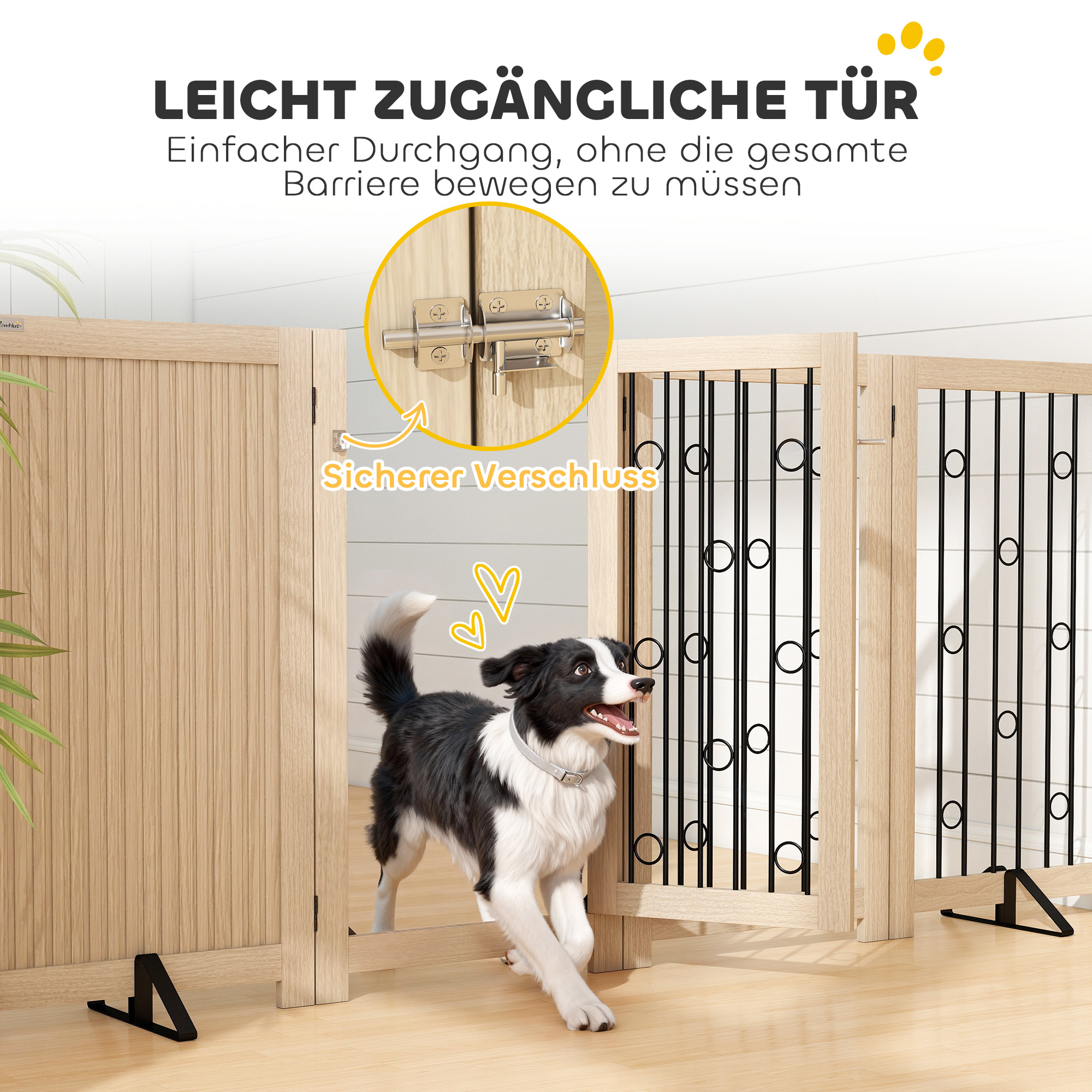 Freistehendes Haustiertor, Hundegitter mit Tür, 4 Paneele, für Flur, Treppe, Türrahmen, MDF, Stahl