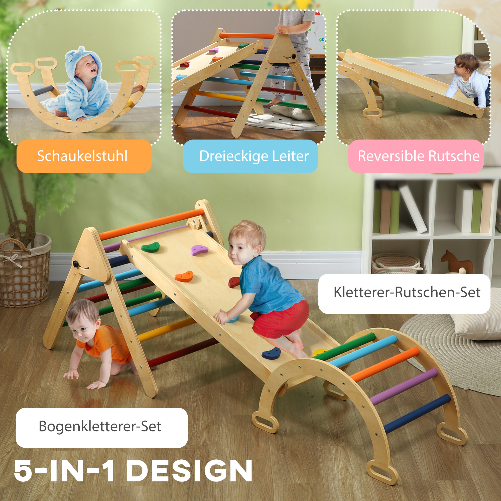 5-in-1-Kinder-Klettergerüst mit Rampe, Brücke, Dreiecks-Leiter, 18-48 Monate, Bunt,