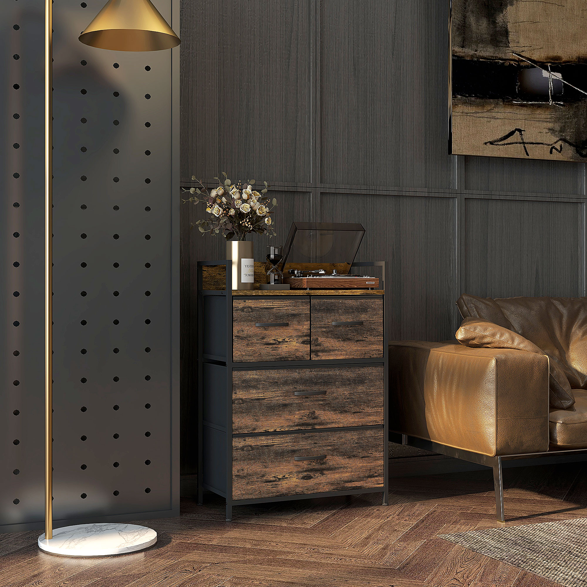 Kommode, Sideboard, 4 Stoffschubladen, Industrial Design, 60x29x85cm, Braun/Schwarz