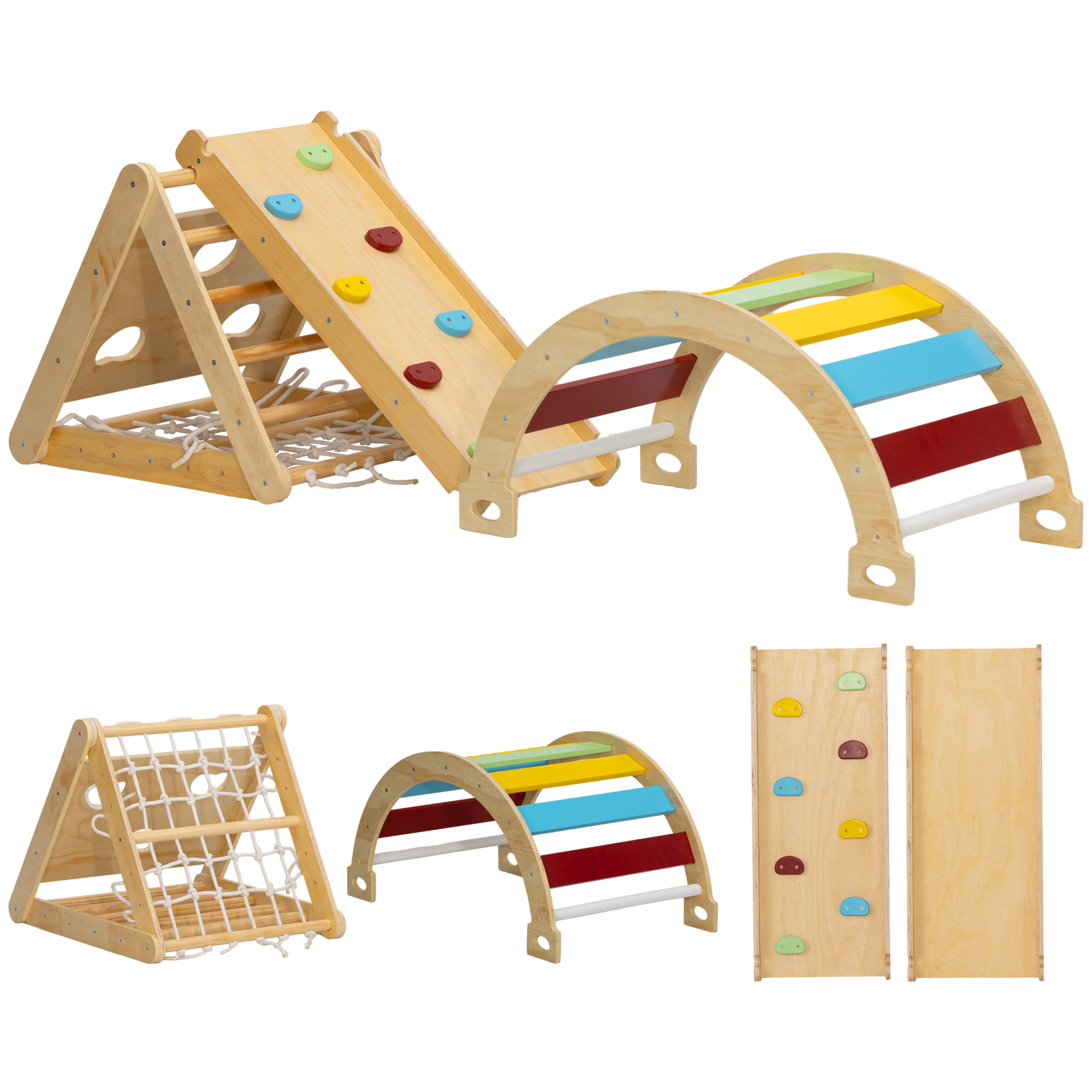 Klettergerüst Indoor, 7 in 1 Kletterdreieck mit Rutsche, Kletterbogen, Mehrfarbig