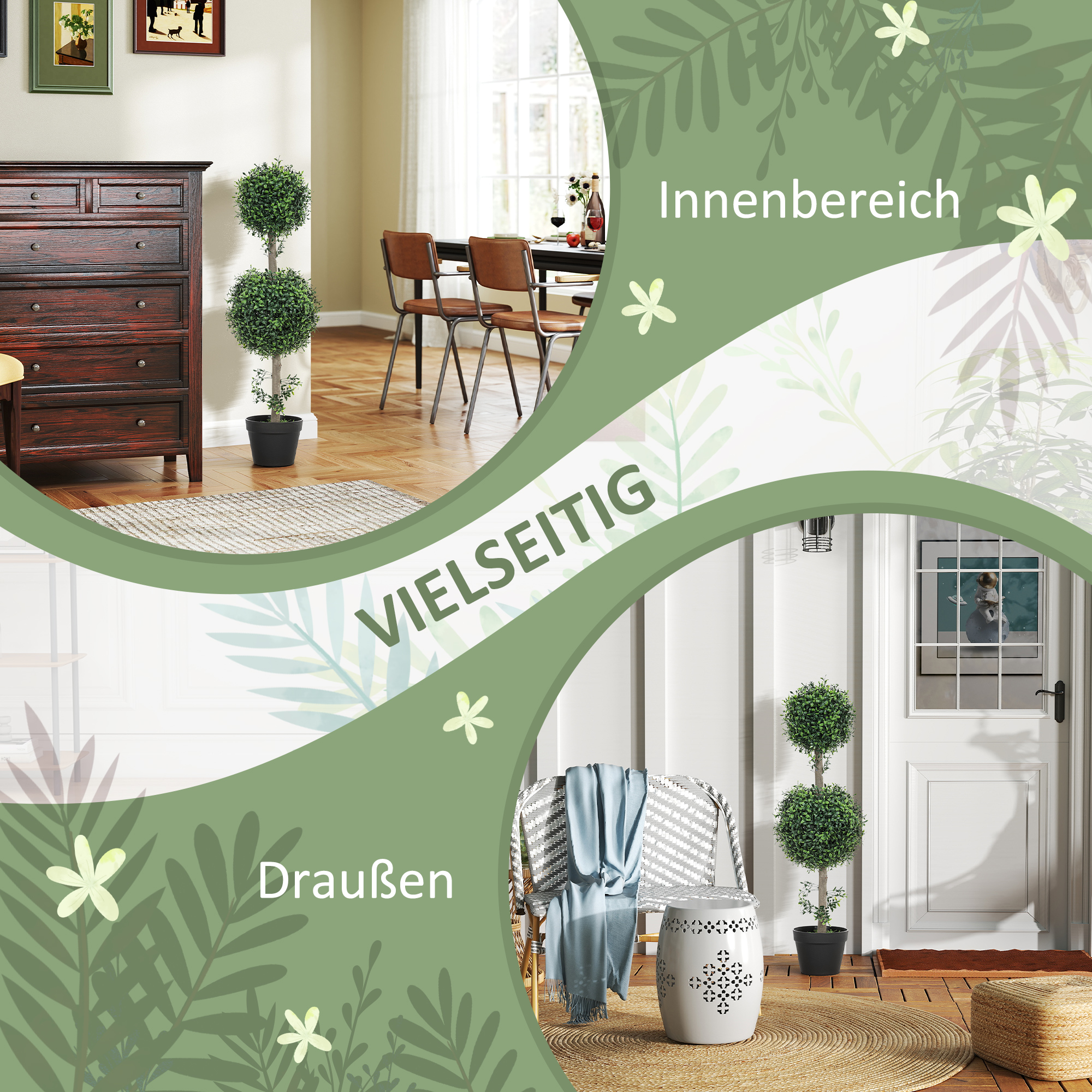 2er-Set Kunstpflanzen, Künstliche Buchsbaum-Pflanzen, UV-geschützt, mit Topf, Grün