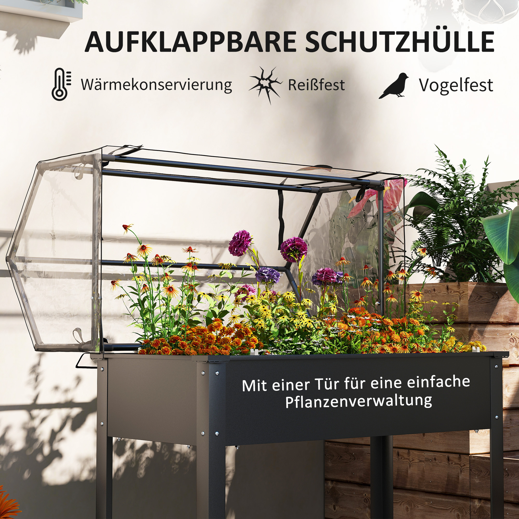 Hochbeet mit Gewächshaus-Dach, erhöhte Pflanzenbox mit Ablauflöchern, 100 x 48 x 124 cm, Schwarz