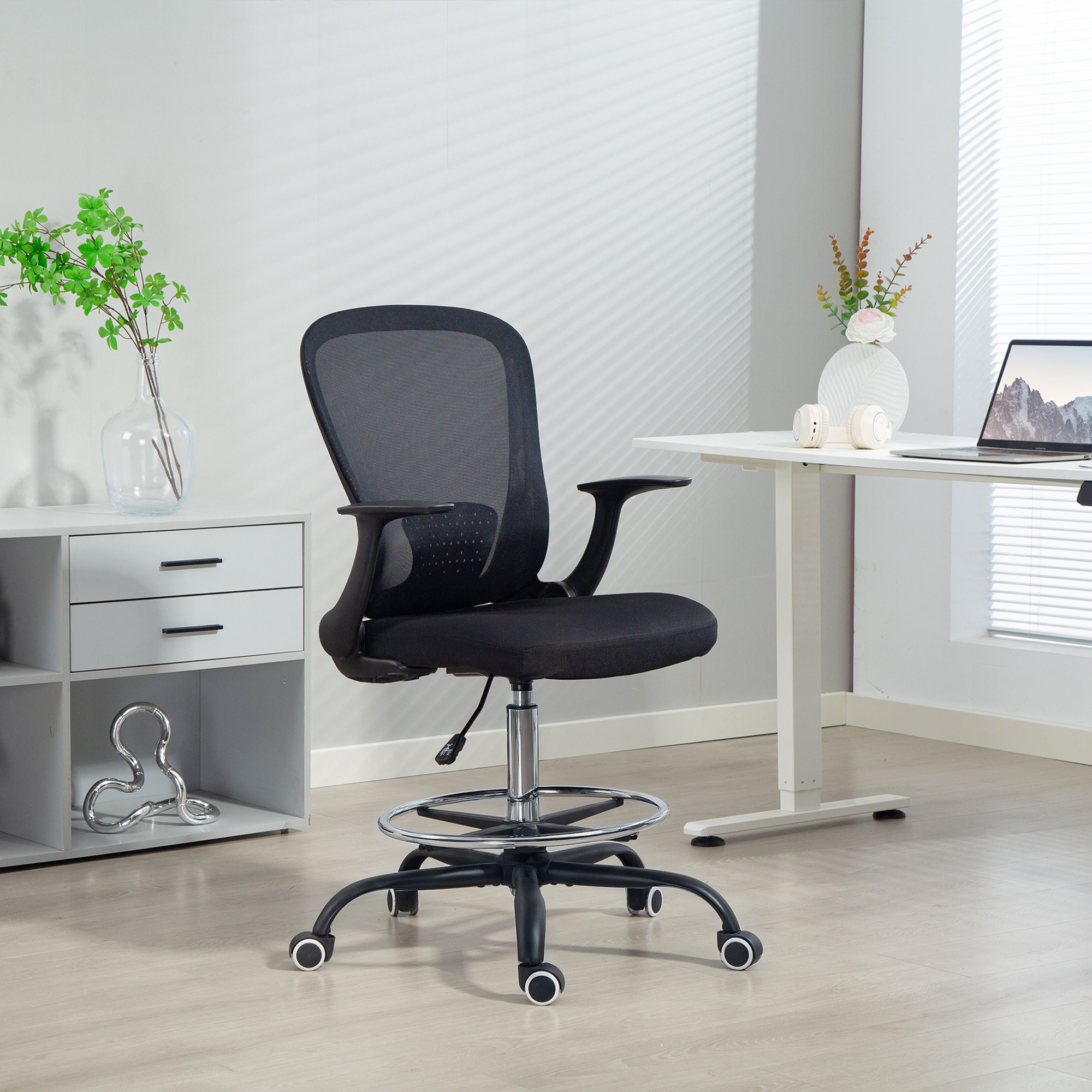 Bürostuhl Höhenverstellbar Schreibtischstuhl mit verstellbarer Fußring, Lendenwirbelstütze, 62 x 59 x 119 cm, Schwarz