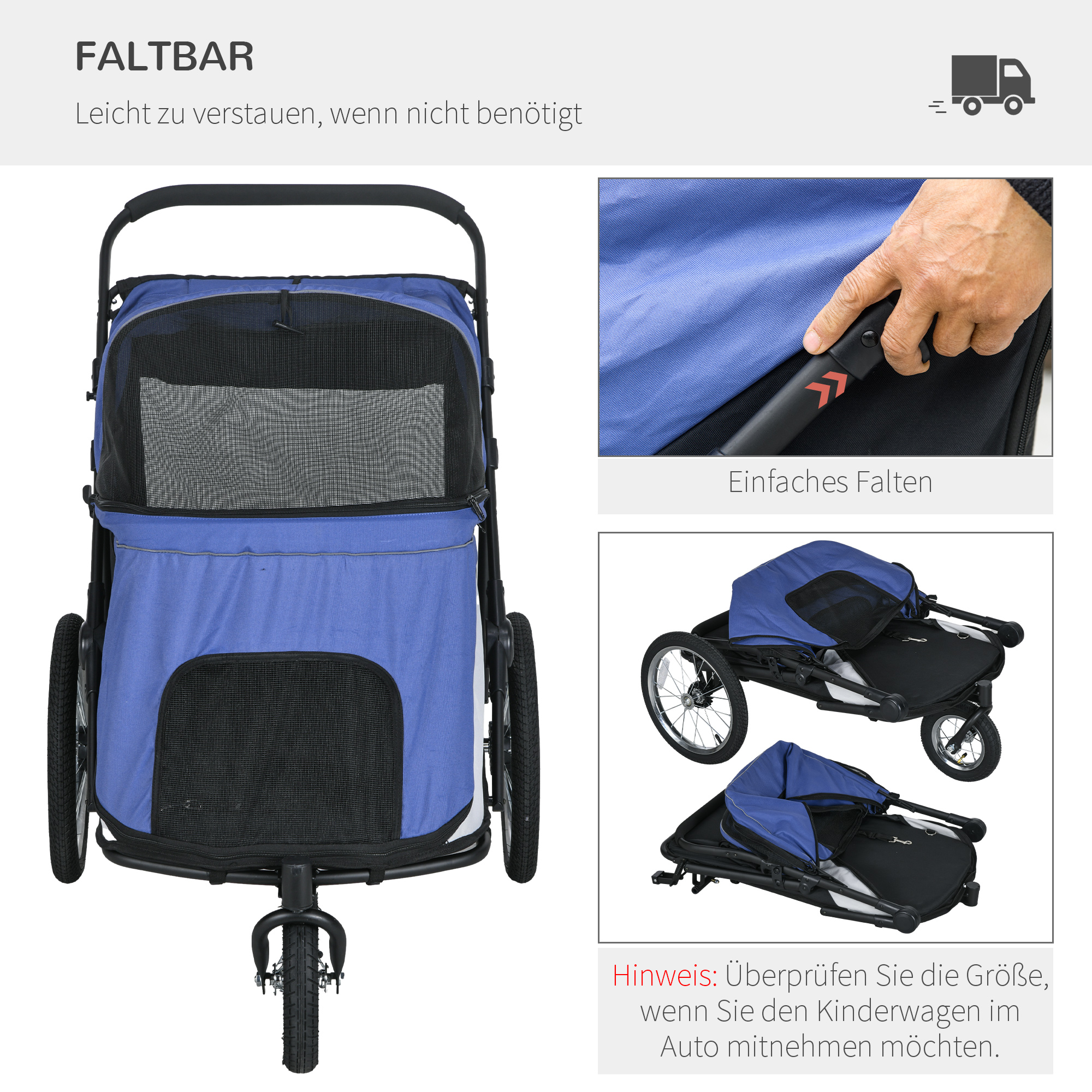 Hundebuggy, faltbar, aufklappbar, Liegekissen, Stahlrahmen, Blau/Schwarz