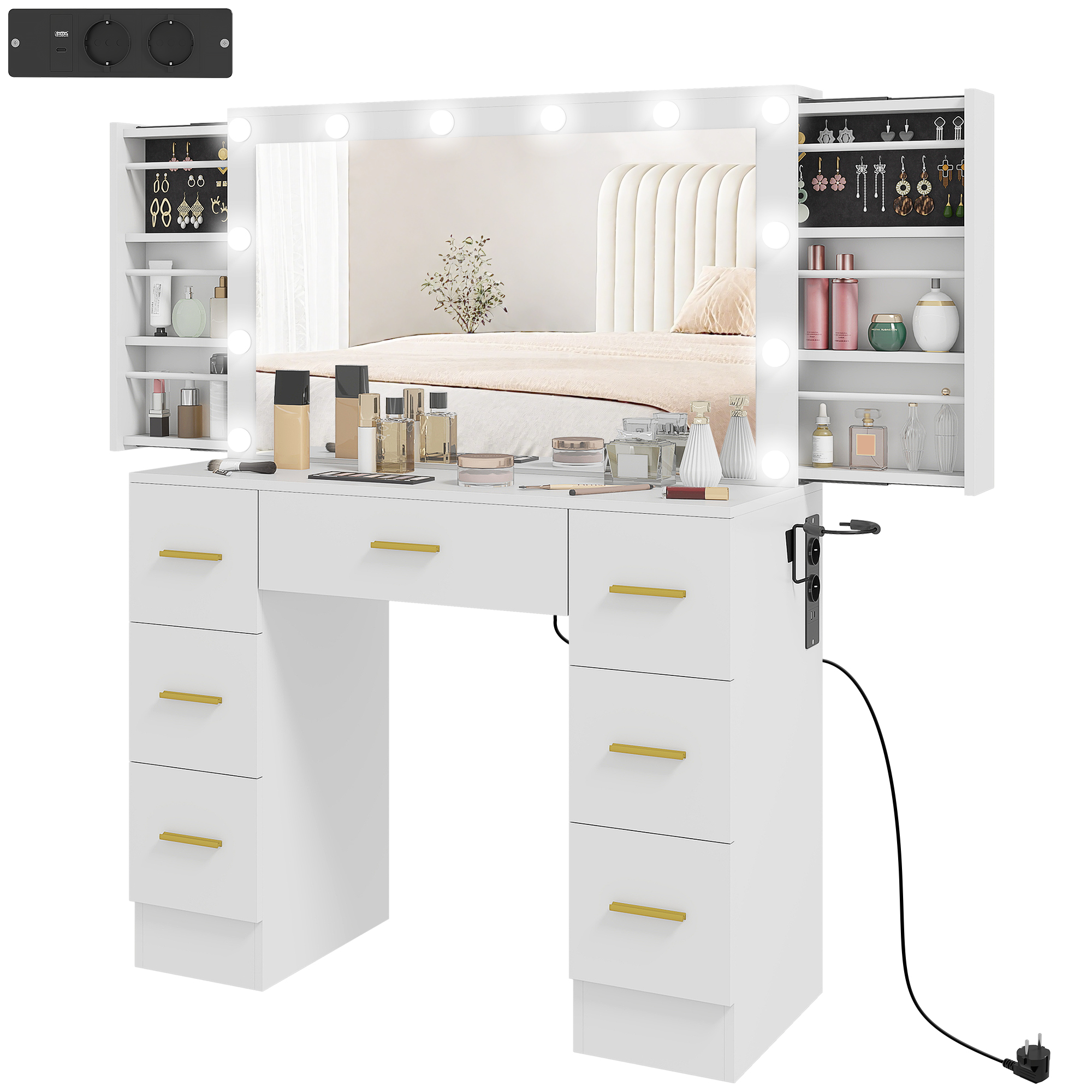 Schminktisch mit Spiegel und 12 LED-Lichtern, Frisiertisch mit 7 Schubladen, 6 versteckte Staufächer, Spanplatte, Weiß