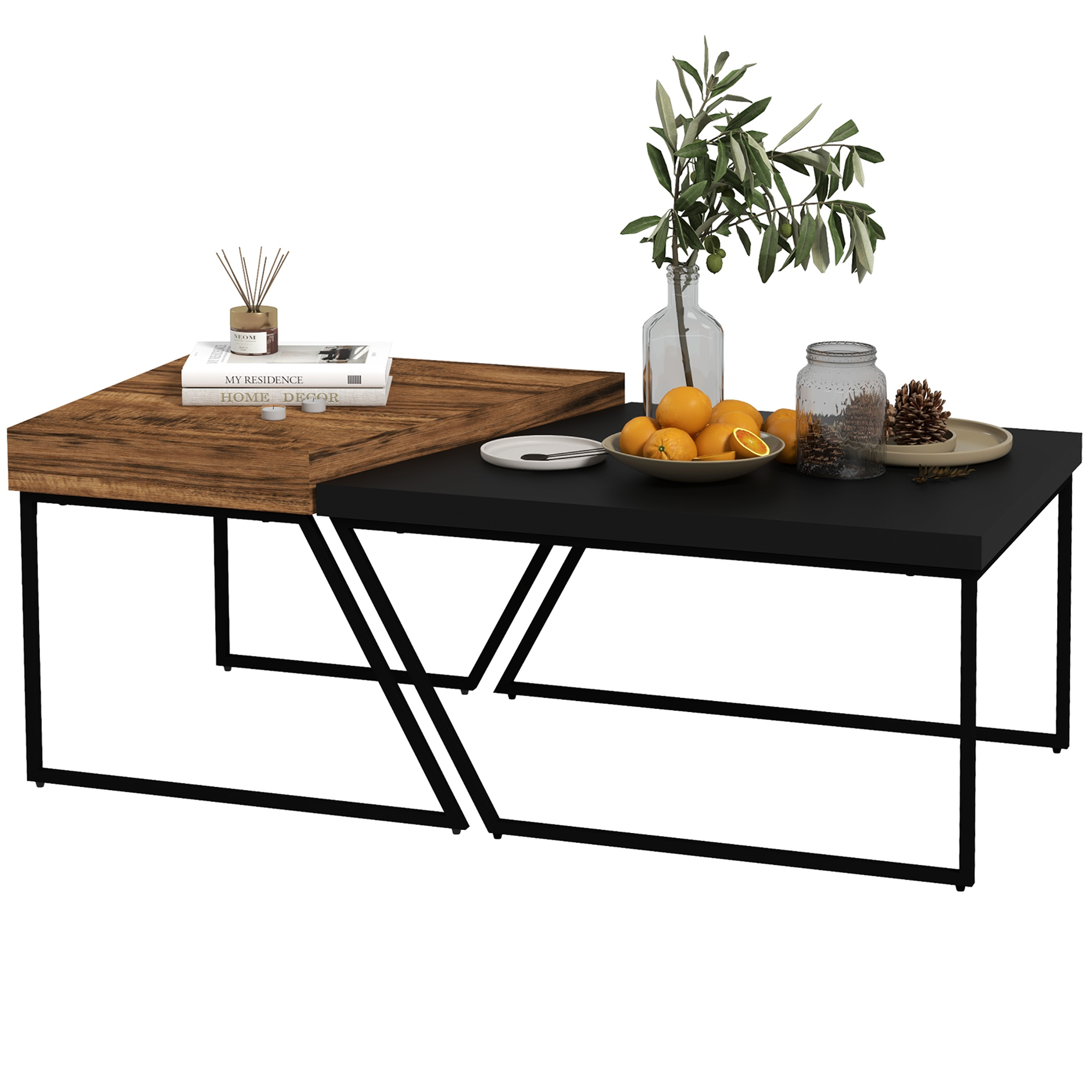 Couchtisch-Set, 2 Beistelltische, Industrial Design, Stahlrahmen, Holz/Schwarz