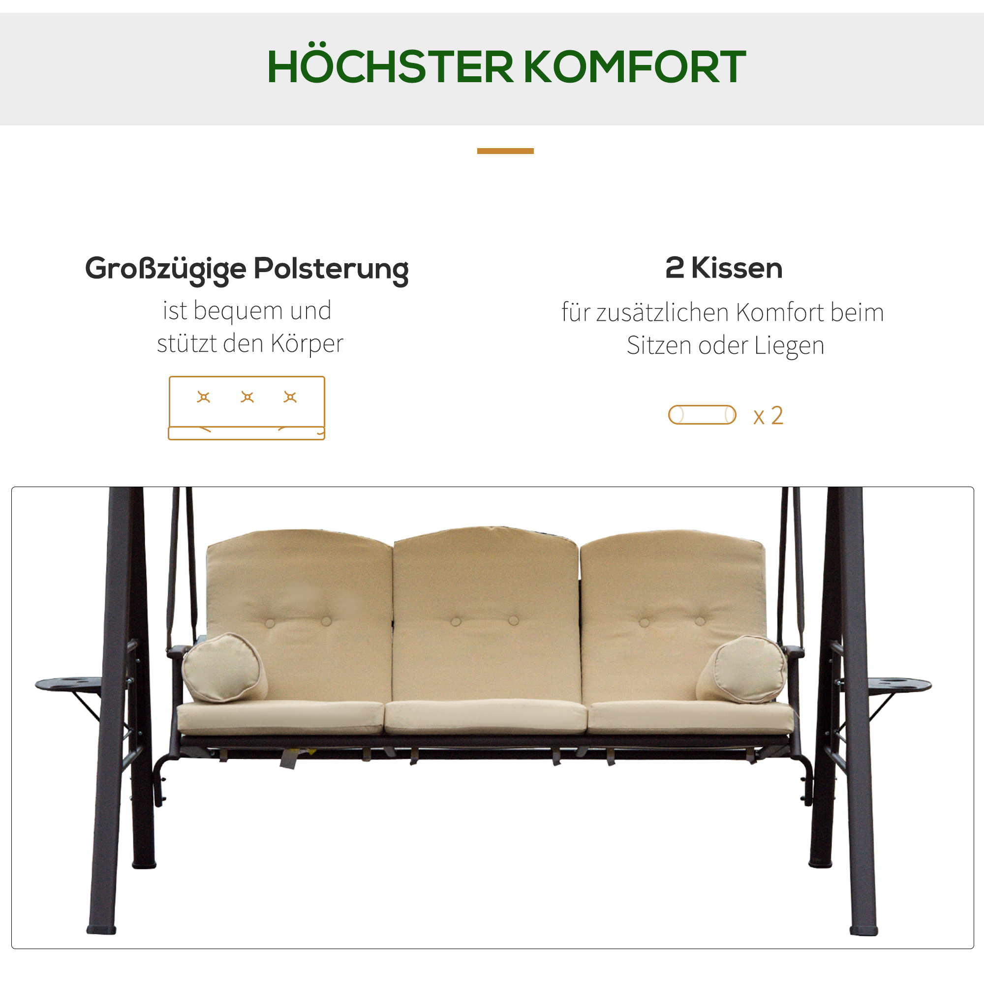 3-Sitzer Hollywoodschaukel mit Sonnendach Beige+Braun 121×208×172 cm