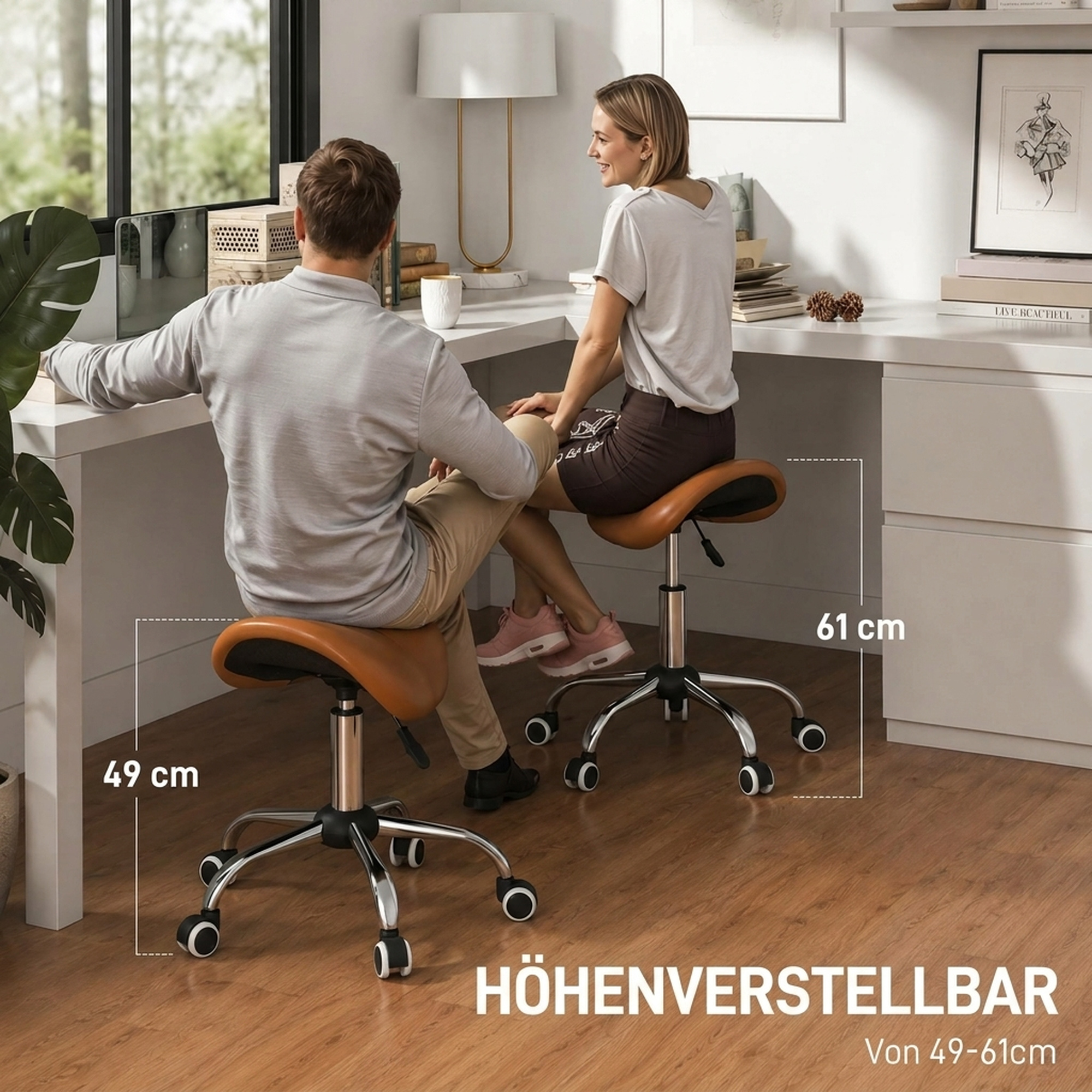 Rollhocker höhenverstellbar Drehhocker 49-61 cm Arbeitshocker drehbar Sattelhocker für Büro Salon Massage Spa Braun